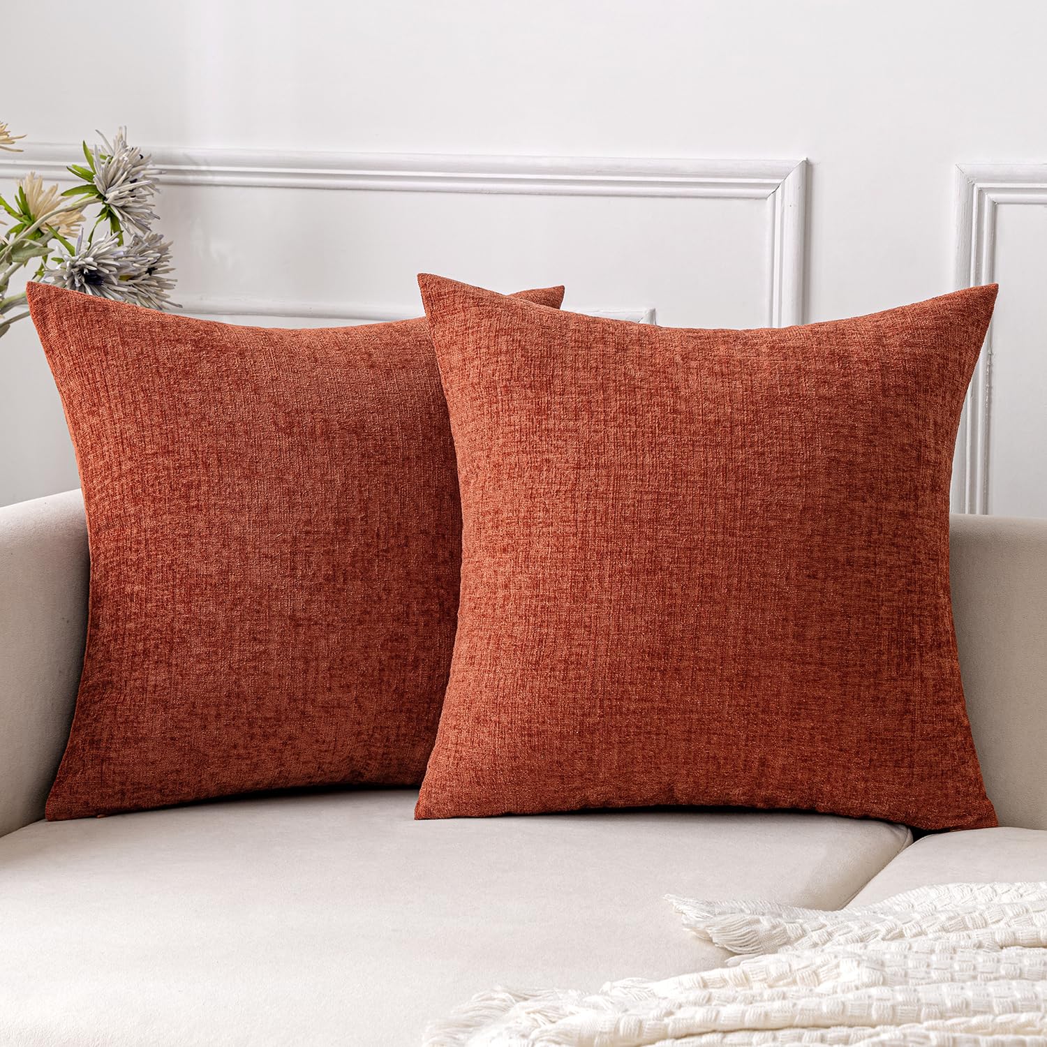 EMEMA Pack of 2 Soft Fall Chenille Throw Pillow Covers 20x20 Inch Decorative Couch Pillow Covers Modern Solid Dyed Pillowcases for Sofa Bed Burnt Orange