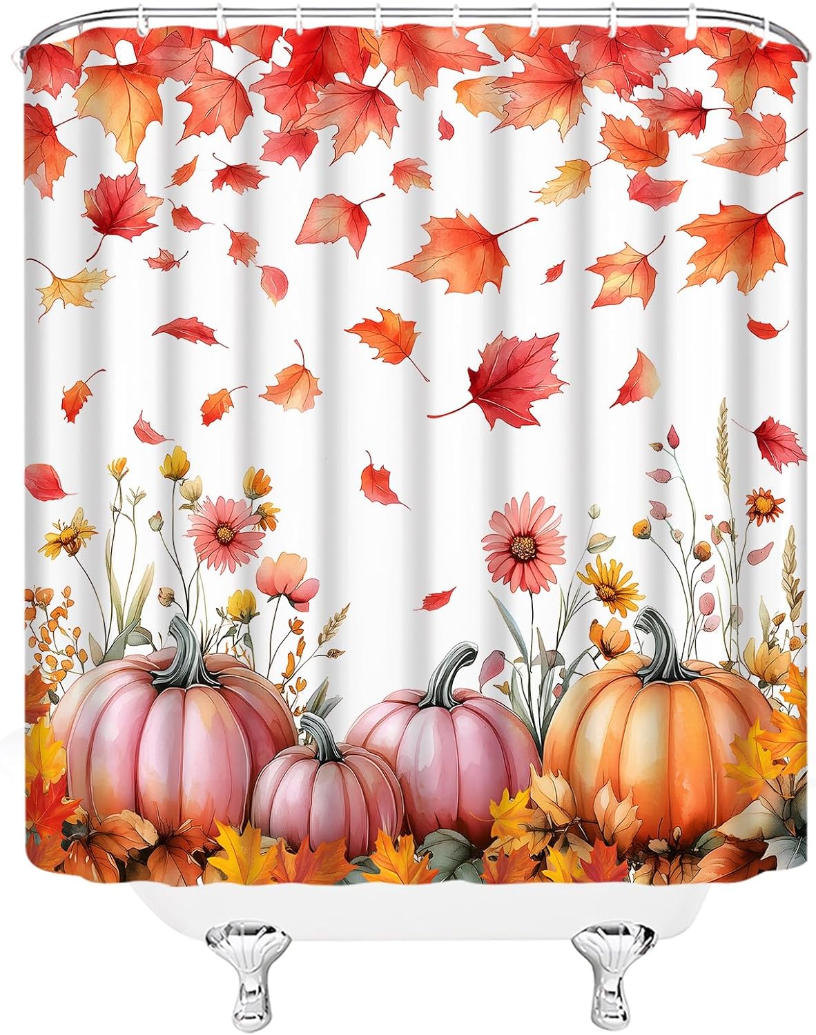 Fall Thanksgiving Extra Long Shower Curtain,Pumpkin Maple Leaf Floral Autumn Orange Pink Watercolor Bathroom Home Curtain Decor with Hooks,70x84 Inch