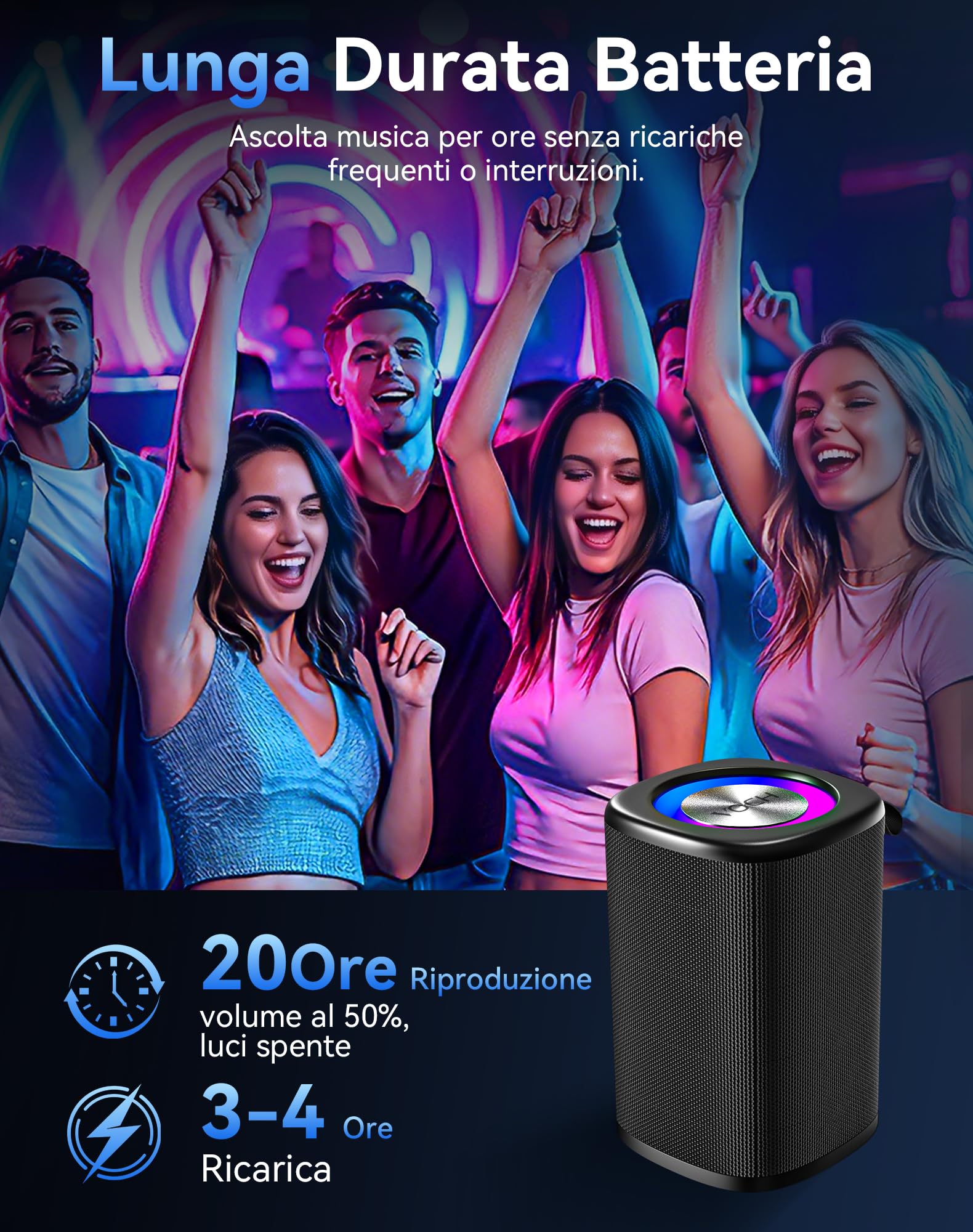 VOCH Cassa Bluetooth Portatile 2‑in‑1 Magnetico con Luce LED RGB, Stereo Potente Altoparlante Bluetooth 5.4, TWS, IPX7 Impermeabile, 20 Ore Riproduzione per Esterno, Feste, Camping, Casa, Viaggi