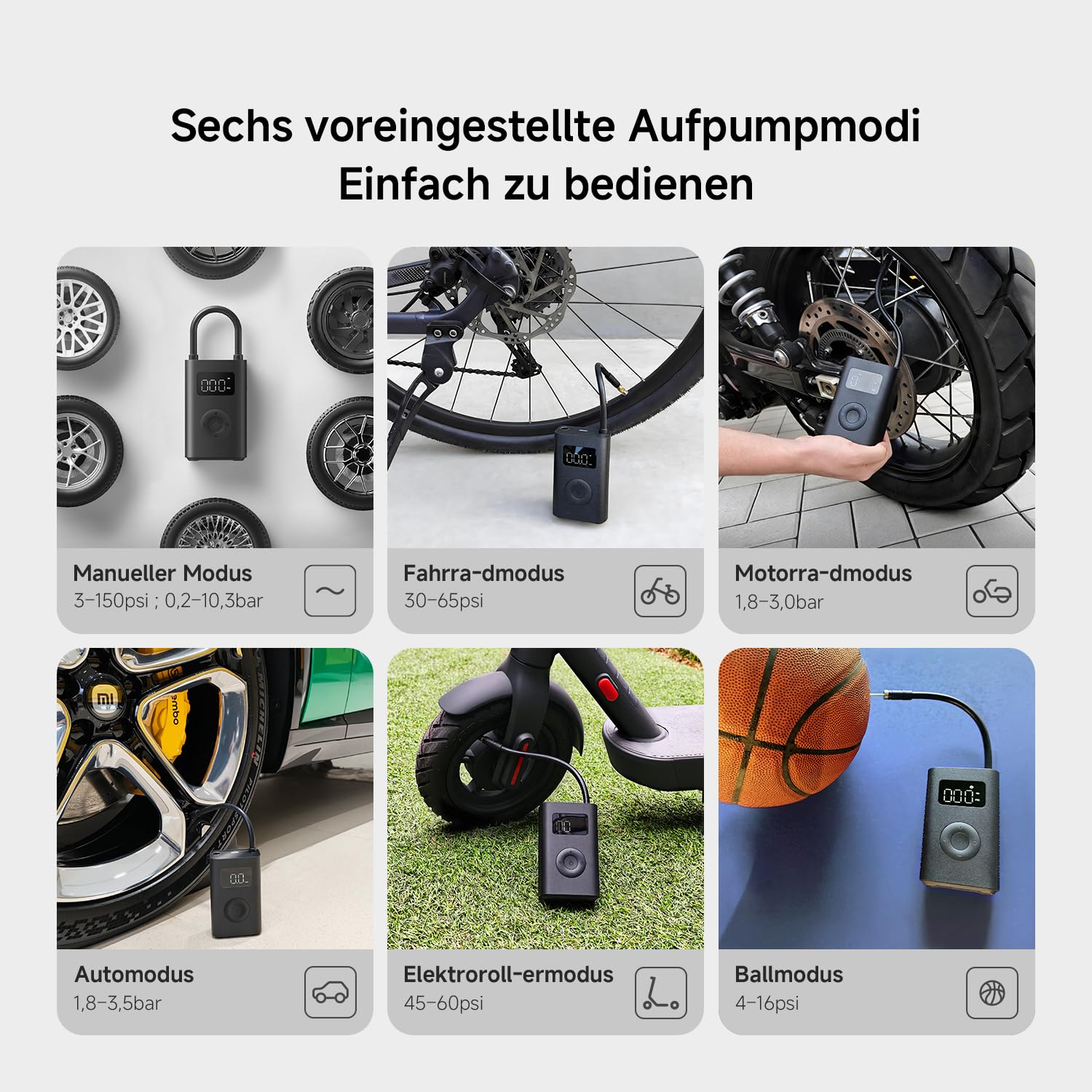 Xiaomi Portable Electric Air Compressor 2-150 PSI 10.3 bar 6 Preset Modes Auto-Stop LED USB-C Rechargeable