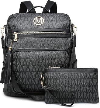 MKP COLLECTION Women Fashion Backpack Purse Convertible Large Ladies Rucksack Travel Shoulder Bags Handbag Set 2pcs w/Tassel, Black, 13.5" L x 6" W x 14.25" H, Rucksack Backpacks