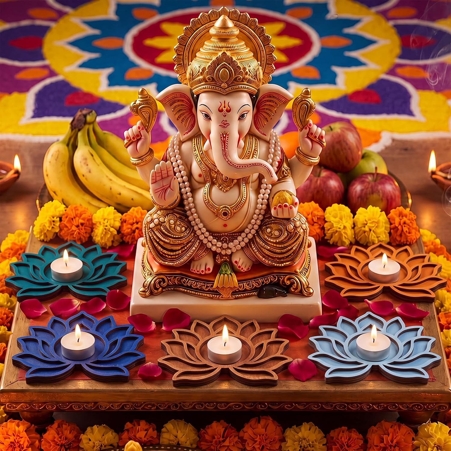 DoubleFill 10 Pcs Diwali Wooden Candle Holders Crafts Decor, Lotus