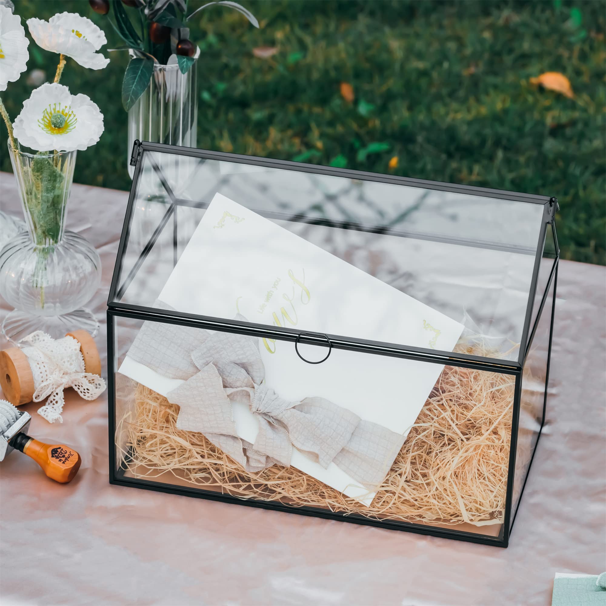 NCYP Scatola porta biglietti in vetro con coperchio per ricevimenti di nozze – 26 x 15 x 21 cm, porta carte a forma di casa, micro decorazione per matrimoni, feste di compleanno, nero (solo scatola di