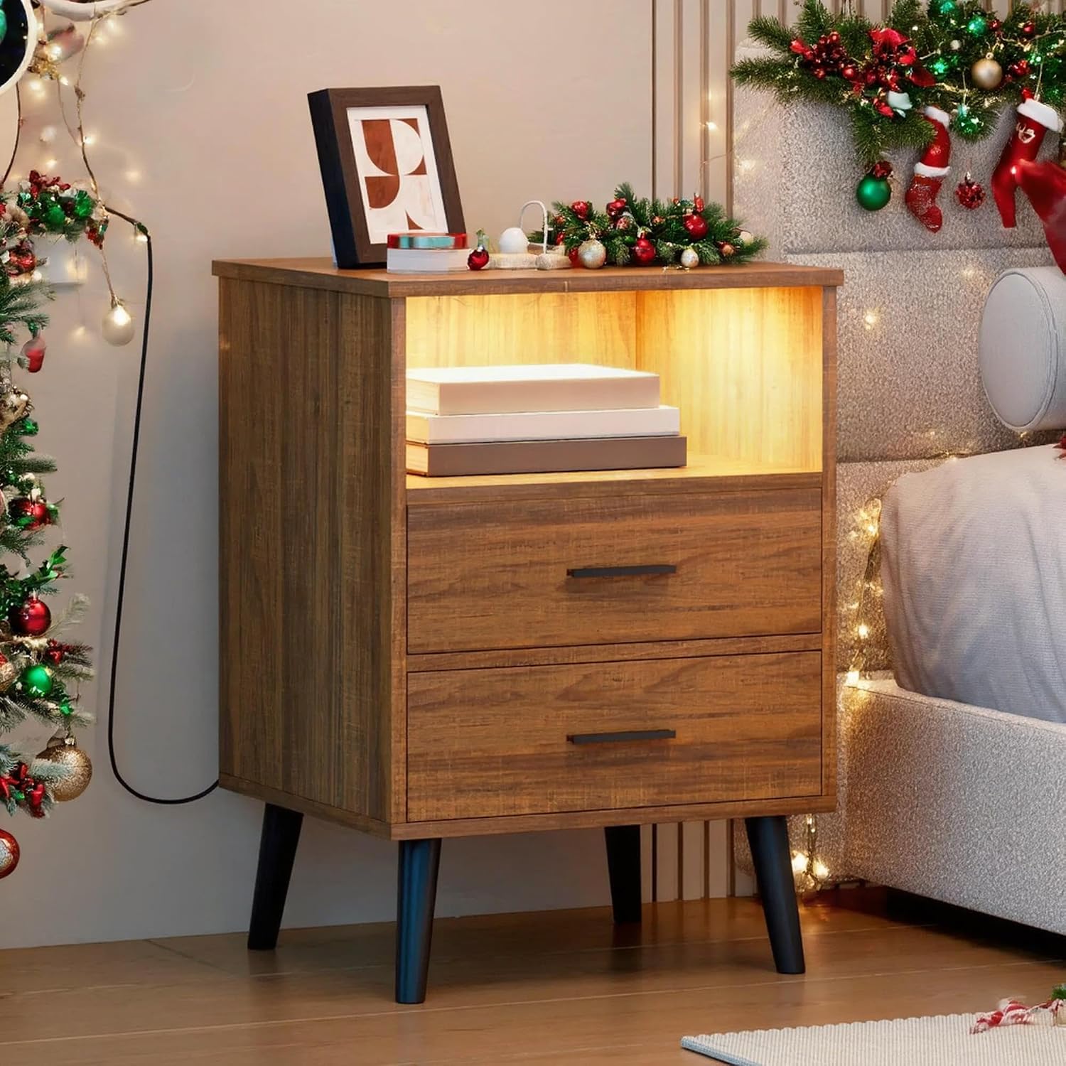 LVSOMT Brown Bedroom Nightstand with Charging Station and LED Lights, Modern Bedside Table with Hidded Drawer, Smart Night Stand with Open Storage Shelf, USB Port, Metal Legs