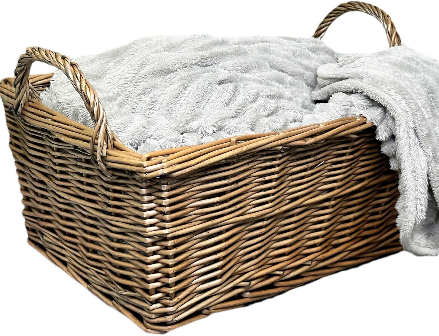 Rectangular Kubu Basket 42cm Handled Antique Wash Willow Wicker Large