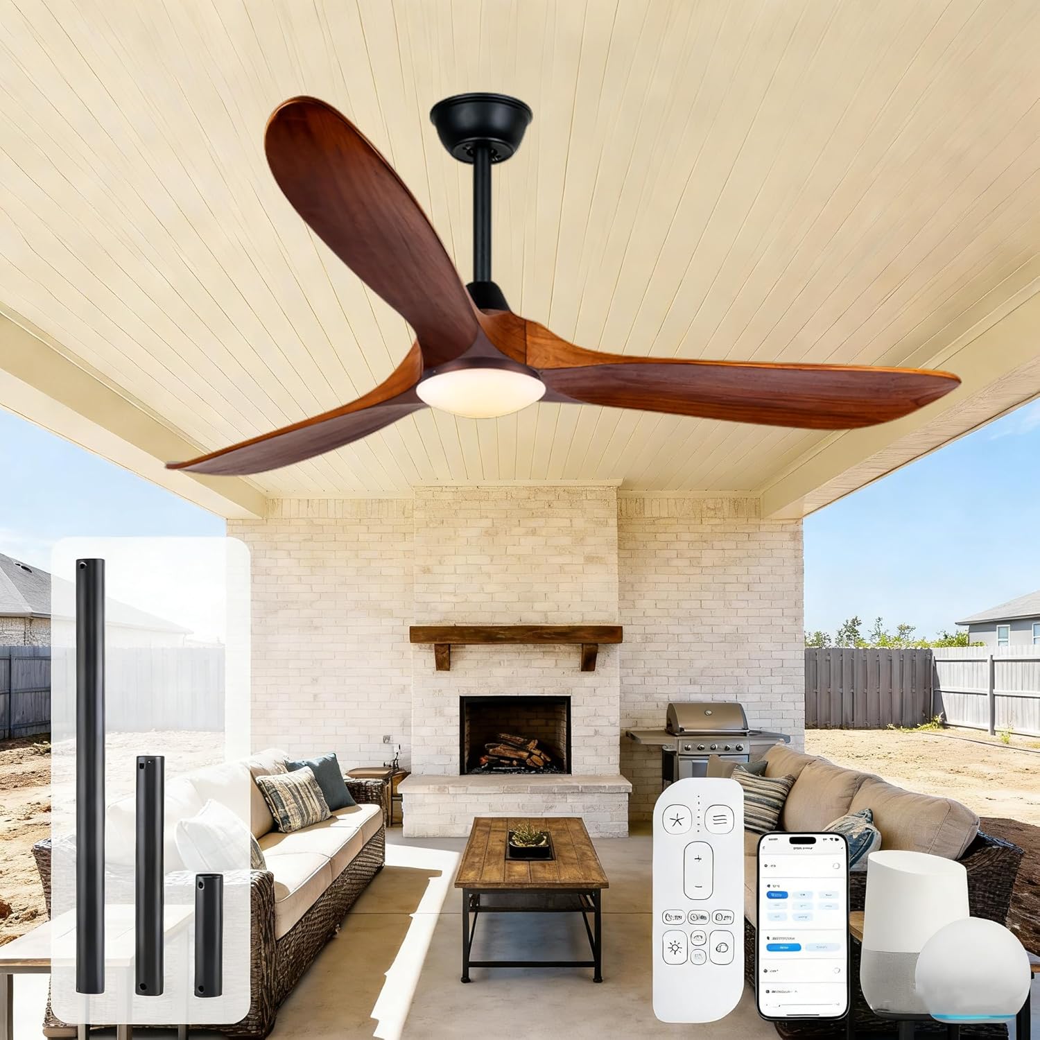 60 In Ceiling Fans with Lights, Large Outdoor Smart Ceiling Fan with Remote/APP/Alexa Control for Patios, Farmhouse 3 Blade Walnut Wood Propeller DC Ceiling Fan for High Low Sloped Ceiling