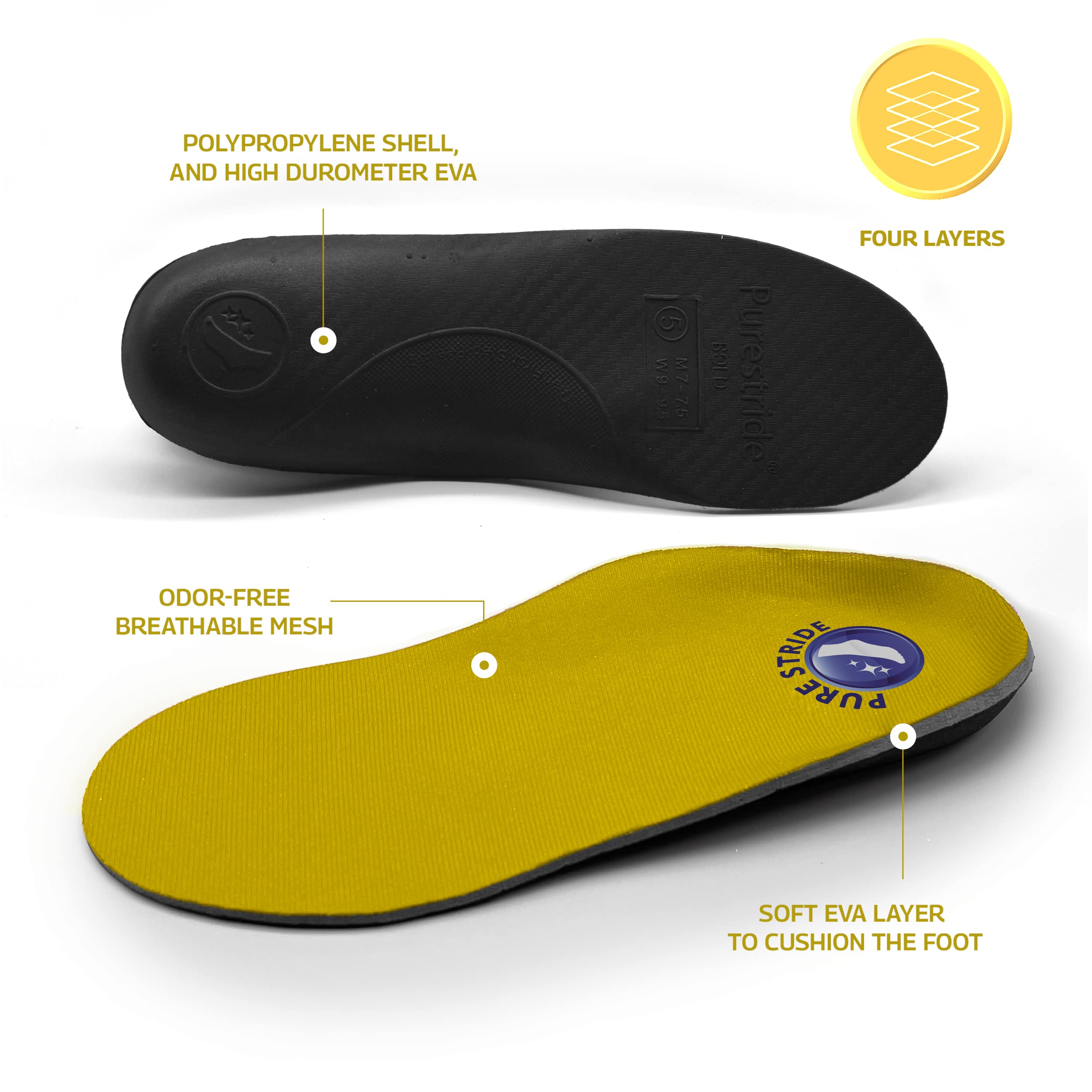 Pure Stride Bold Professional - Ortesi ortopediche a lunghezza intera, supporto per metatarso, arco alto, piedi piatti, sollievo dal dolore per fascite plantare, arco plantare, tallone, 1 paio, uomo 3