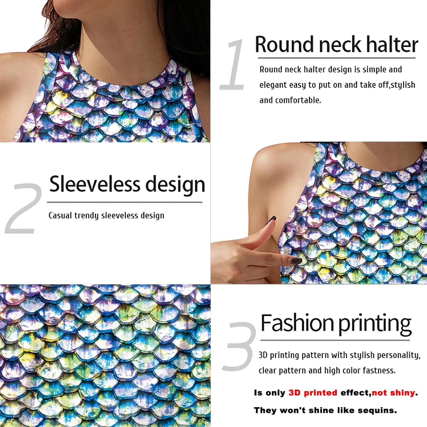 Eciodci Women's Mermaid Print Crop Tank Tops Fish Scale 3D Printed Soft Summer Sleeveless Crop Top - Image 9