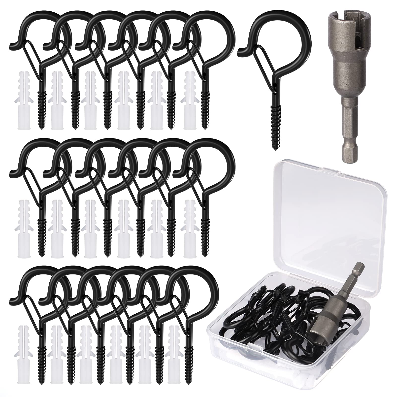 GIPTIME 18 Pack Q-Hanger Light Hooks,Wall Cabinet Ceiling Hooks Screw Hooks for Outdoor String Lights, Wire, Plants,Wind Chimes, Holiday Party Decoration Hanging,Safety Buckle Design
