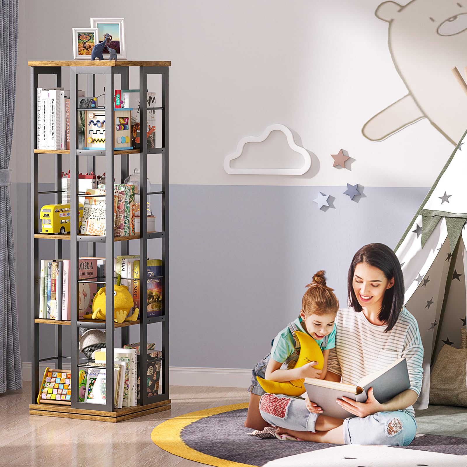 Étagère à livres rotative iSunirm, étagère d'angle, bibliothèque pivotante en bois à 360°, bibliothèque sur pied, étagère étroite et tournante, meuble de rangement pour petits espaces, marron rustique