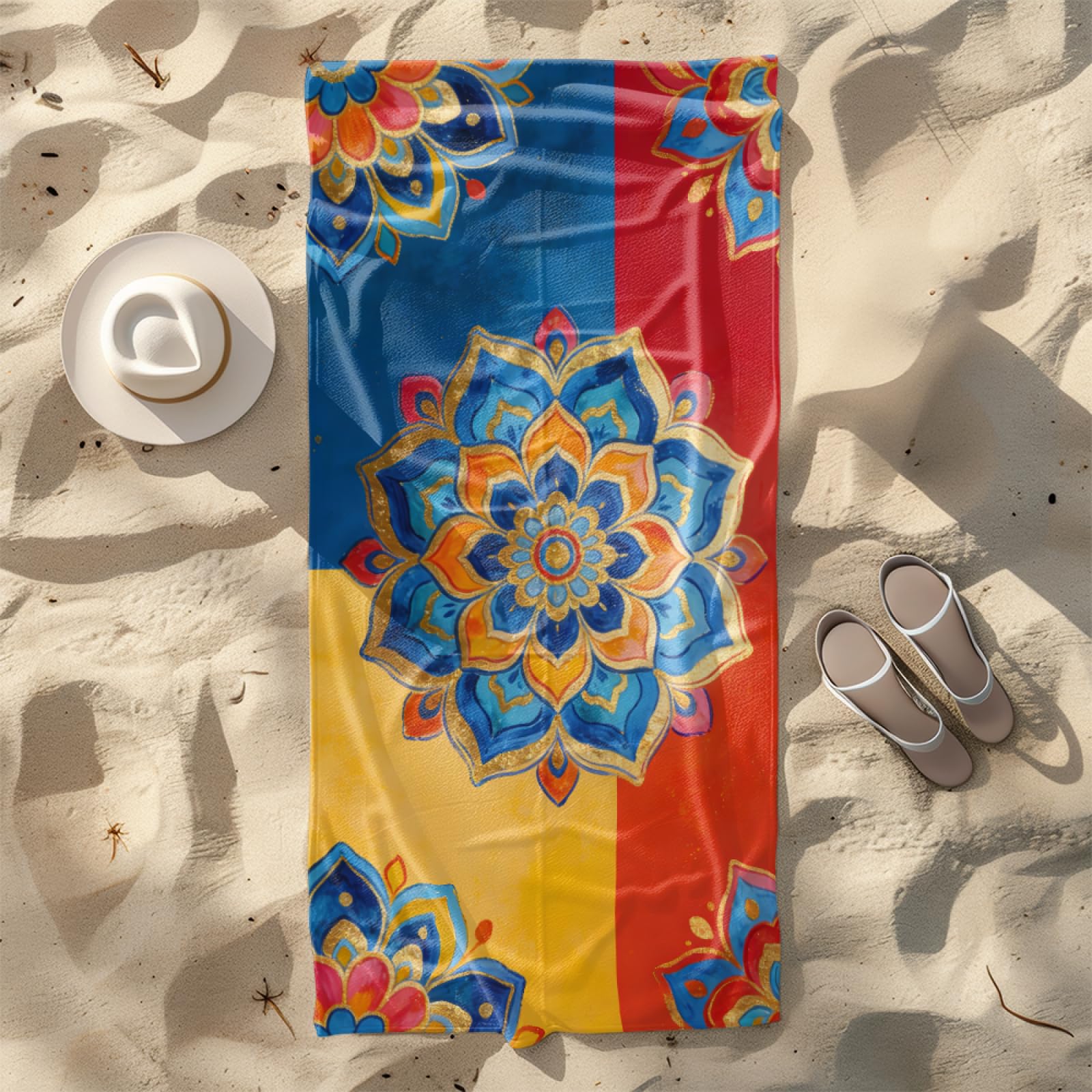 Fouta PlageJaune Bleu Rouge Floral Modèle Surdimensionné avec Diverses Tailles, Respirante et Portable, Parfaite pour Voyages Sorties Piscine et Usage Extérieur Quotidien 90x160 cm