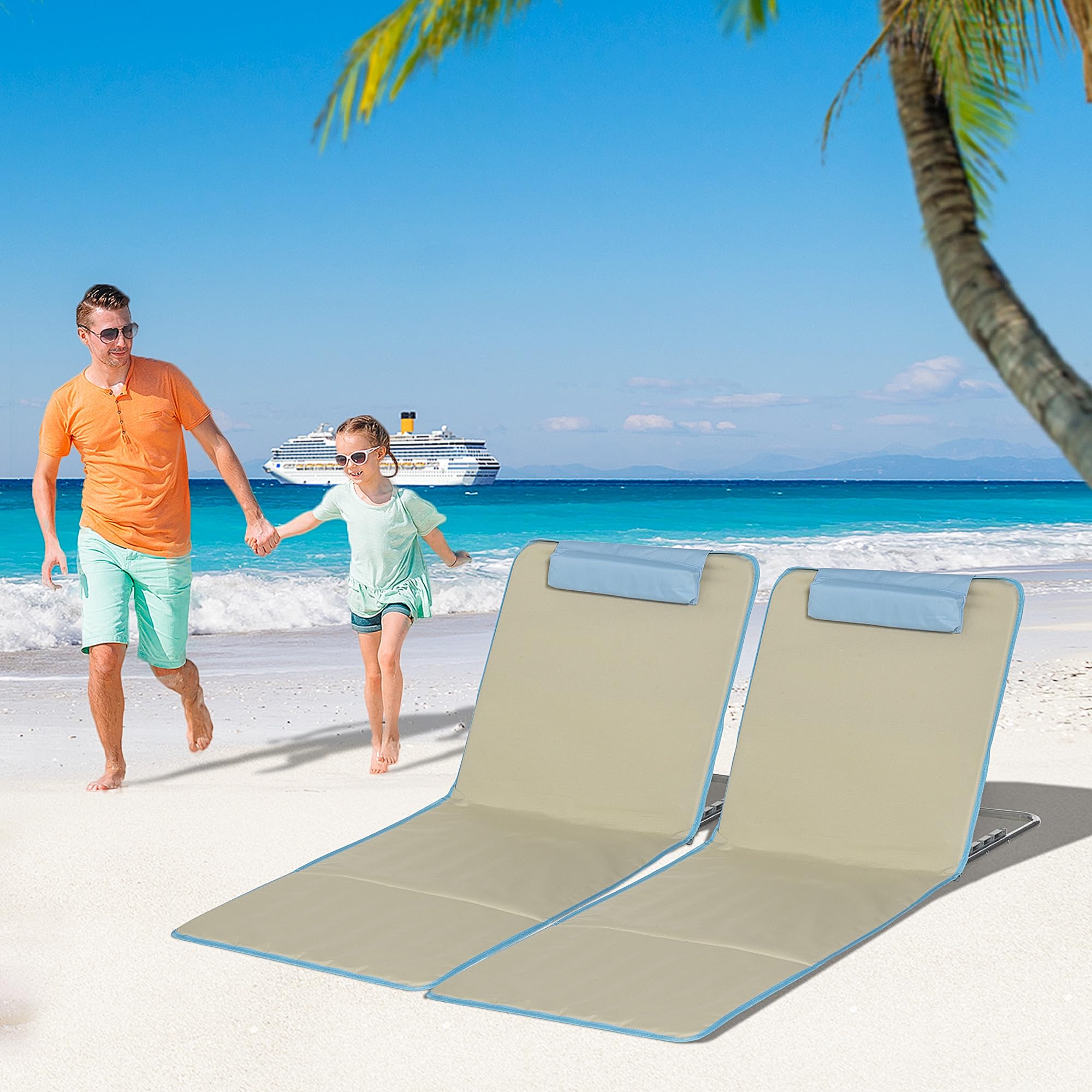 Outsunny Lot de 2 Tapis de Plage pliants Matelas de Plage avec Dossier réglable 5 Positions, Appui-tête réglable, Tissu Oxford, Sac de Transport Inclus, dim. 124L x 53l x 35-45H cm