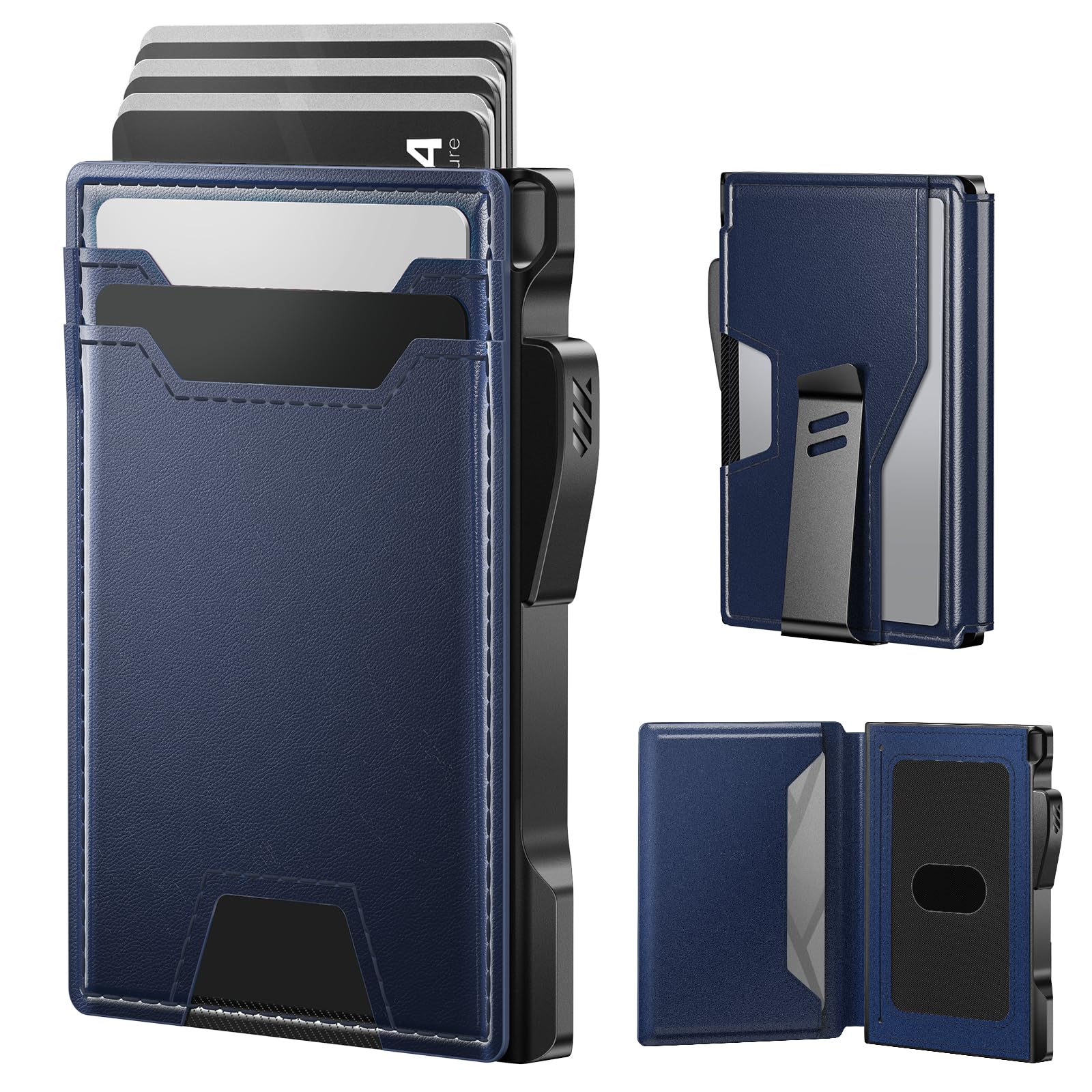 typecase Wallet for Men: Rfid Blocking Wallet 9-13 Card Capacity with Money Clip Slim Leather Front Pocket Smart Pop Up Card Case Bifold Minimalist Wallet with Gift Box - Navy Blue