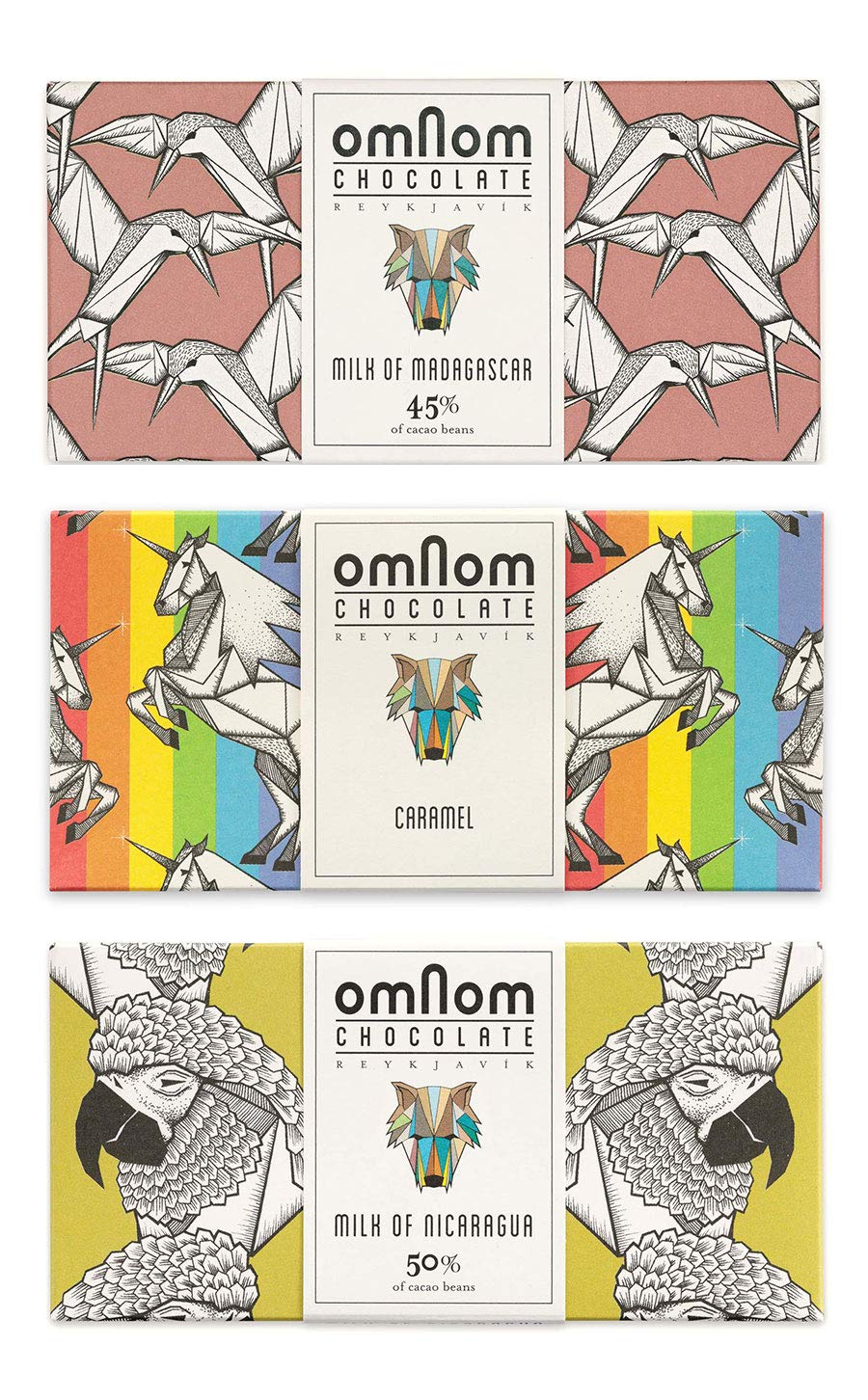 OmNom Milk Chocolate Trio | Milk Of Madagascar, Caramel "Pride Bar", Milk Of Nicaragua | Icelandic Bean To Bar Chocolate by OMNOM CHOCOLATE REYKJAVIK | 3 x 60g Bar