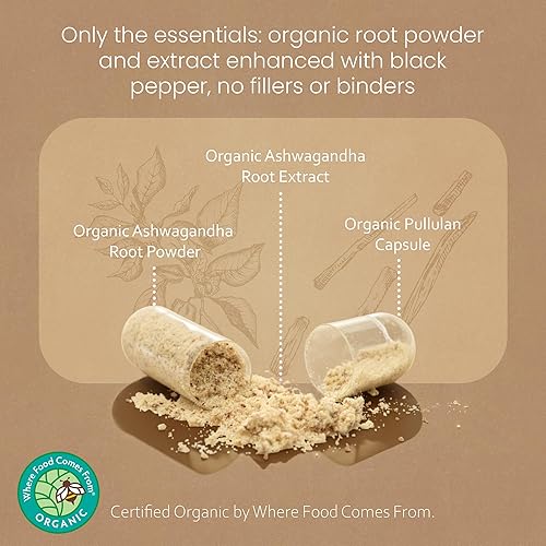 Miniatura 3 de 100 cápsulas de vegetarianas Organic Ashwagandha de 10.0106 oz, 100% puro extracto orgánico de raíz y polvo de Ashwagandha