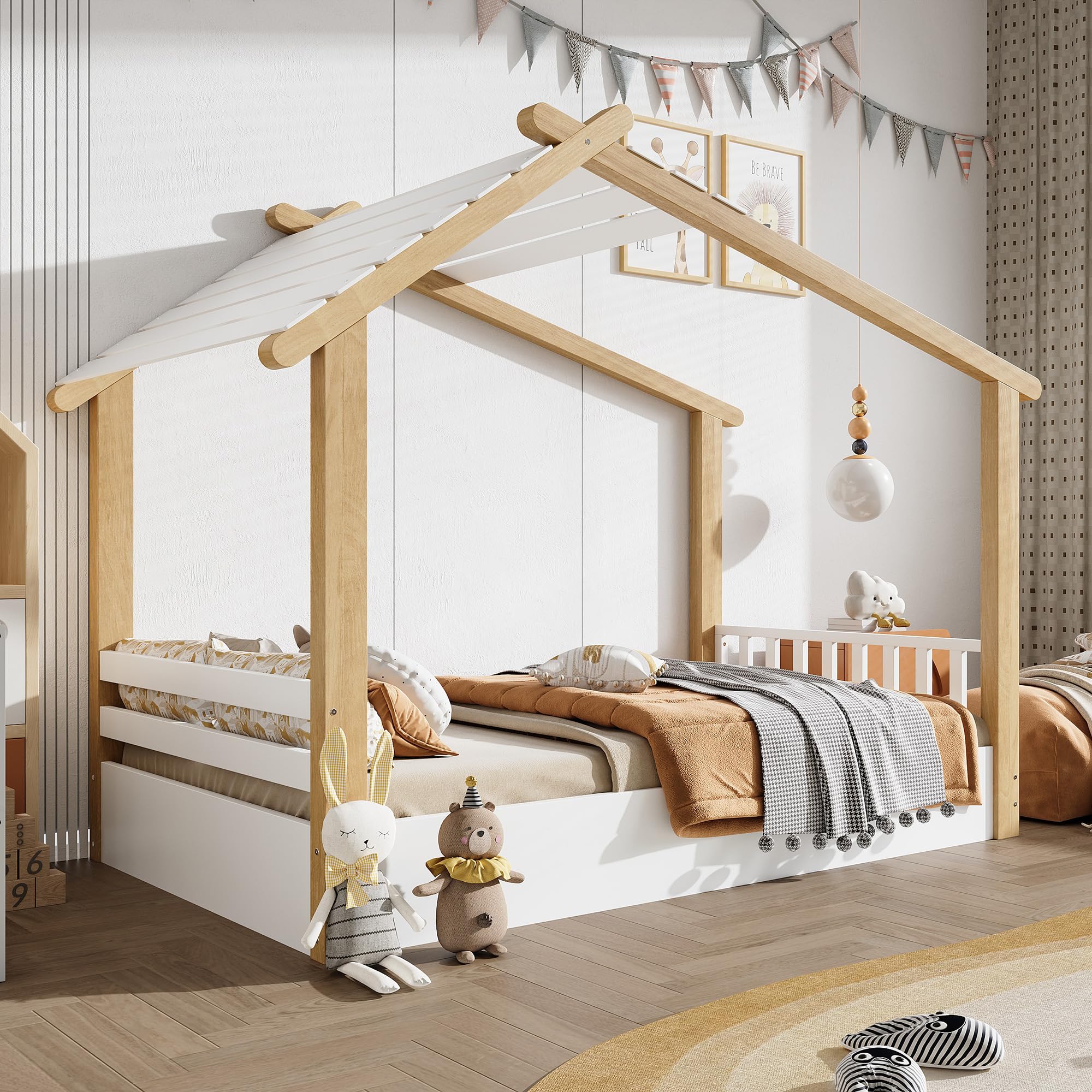 Lits en Bois, Lit d'enfant, Lit Individuel, Exquise Conception en Bois, Stable Lattenroste, Design Schlichtes, Pinier + Spanplatte + MDF, Weiß+Natur, 90x200cm
