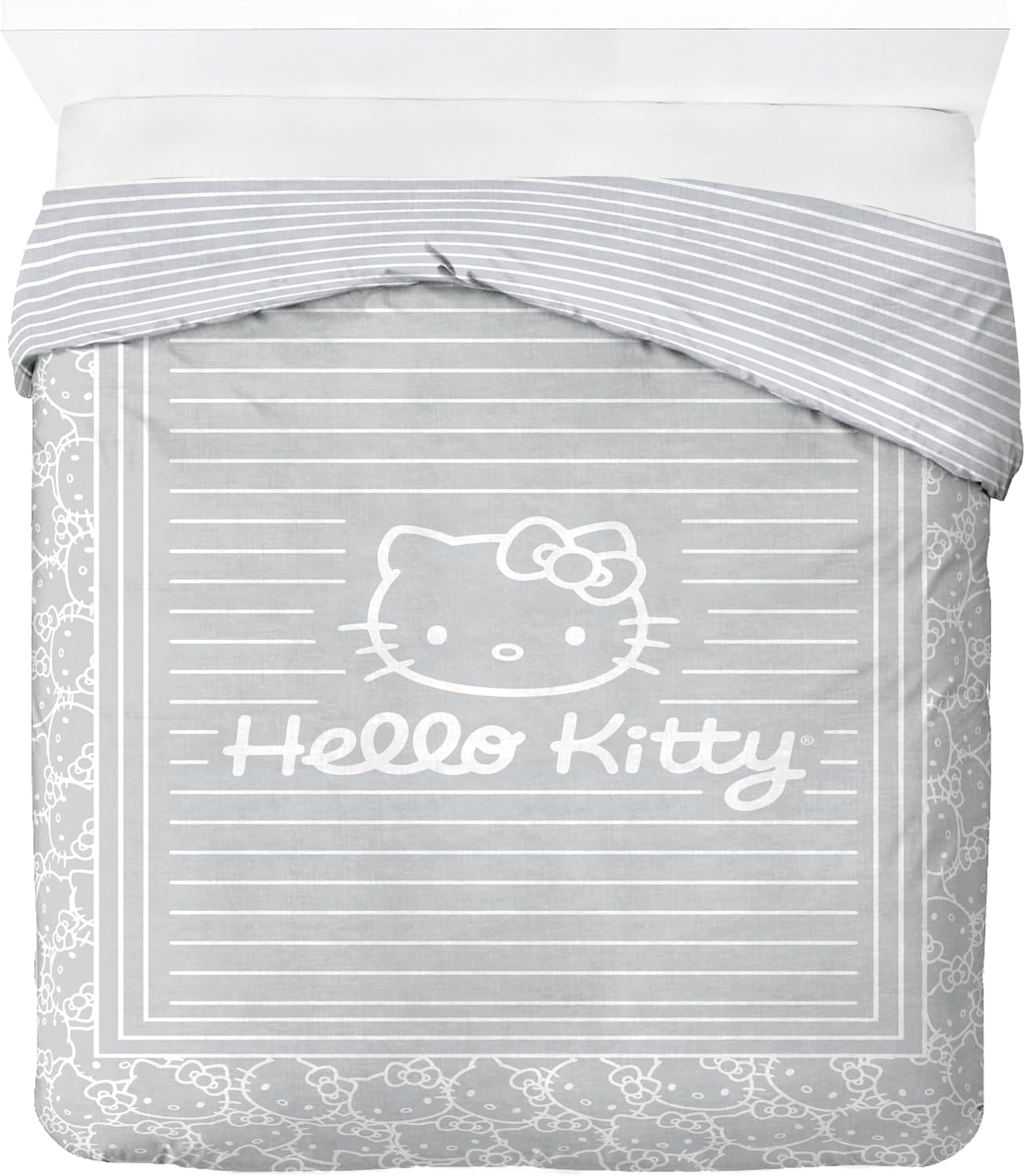 Jay Franco Duvet Cover Set with Sham & Pillowcase – Ultra-Soft Linen Feel Bedding for Room Decor, Cover ONLY Comforter NOT Included, Gray - Hello Kitty, 3 Piece Full