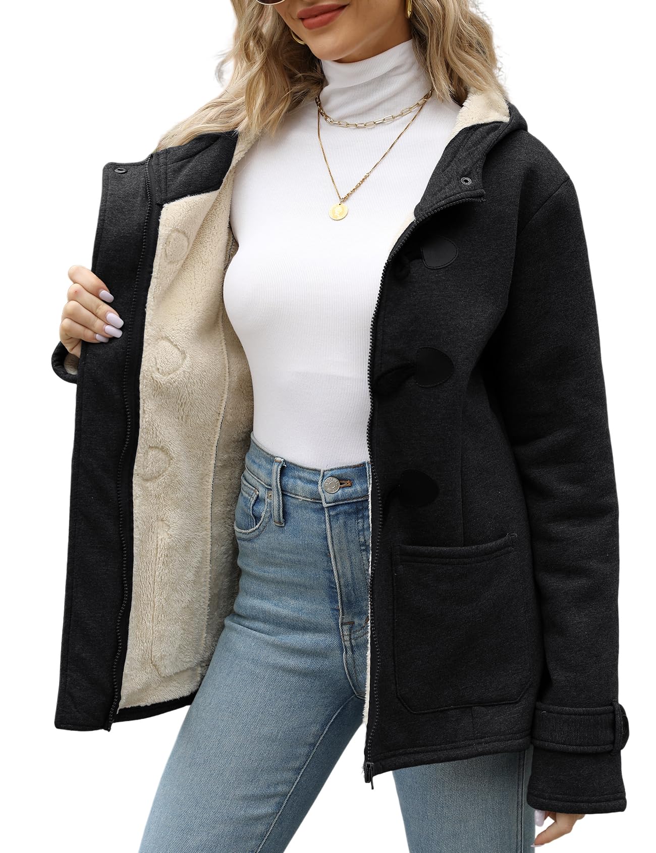 Wyeysyt Women's Fleece Sherpa Lined Toggle Duffle Coat Winter Warm Hooded Jacket Horn Button Casual Sweatshirt Outerwear