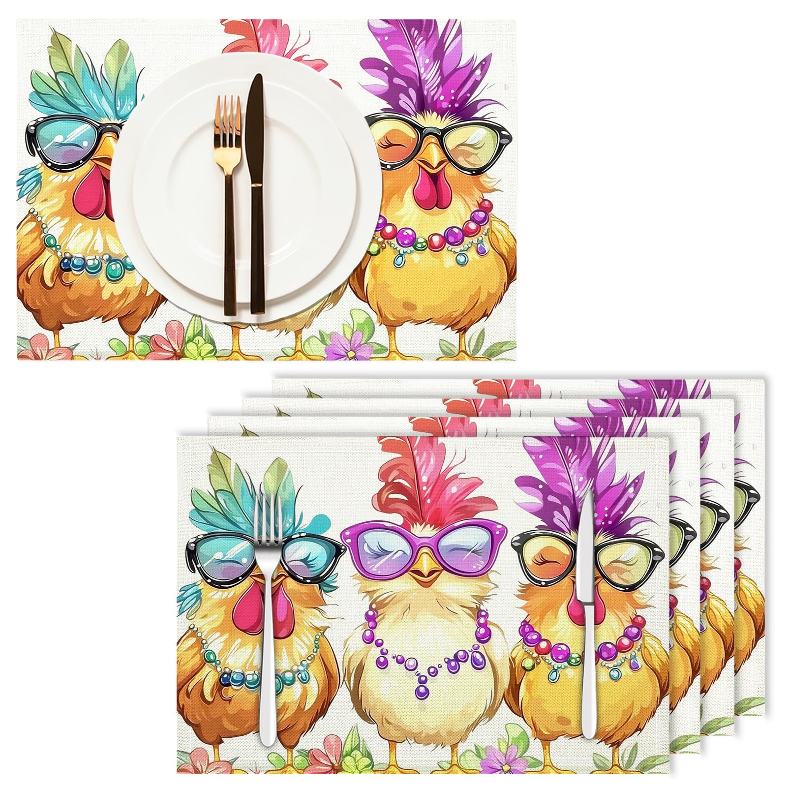 Tovaglietta Americana Fumetto in Cotone Lino Rettangolare - Tovagliette Set di 8 Tre polli Resistente al Calore per La Cucina, Il L'Ufficio, 30 x 45cm