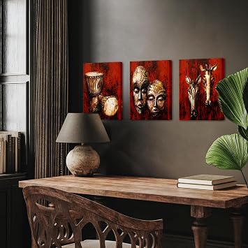 KREATIVE ARTS Vintage Tribal African Canvas Art Authentic Masks, Drums, Zebra & Giraffe Wooden Symbols Painting Giclee Prints Artwork for Home, Living Room & Bedroom Each Panel 12x16 Inches