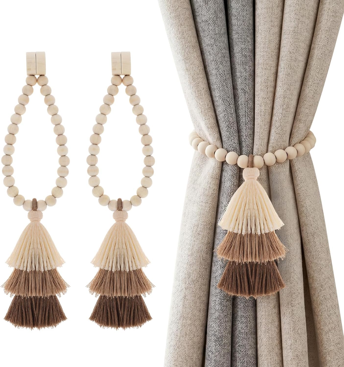 2Pcs Magnetic Curtain Tie Backs, Wooden Bead Tiebacks with Tassel Pendant