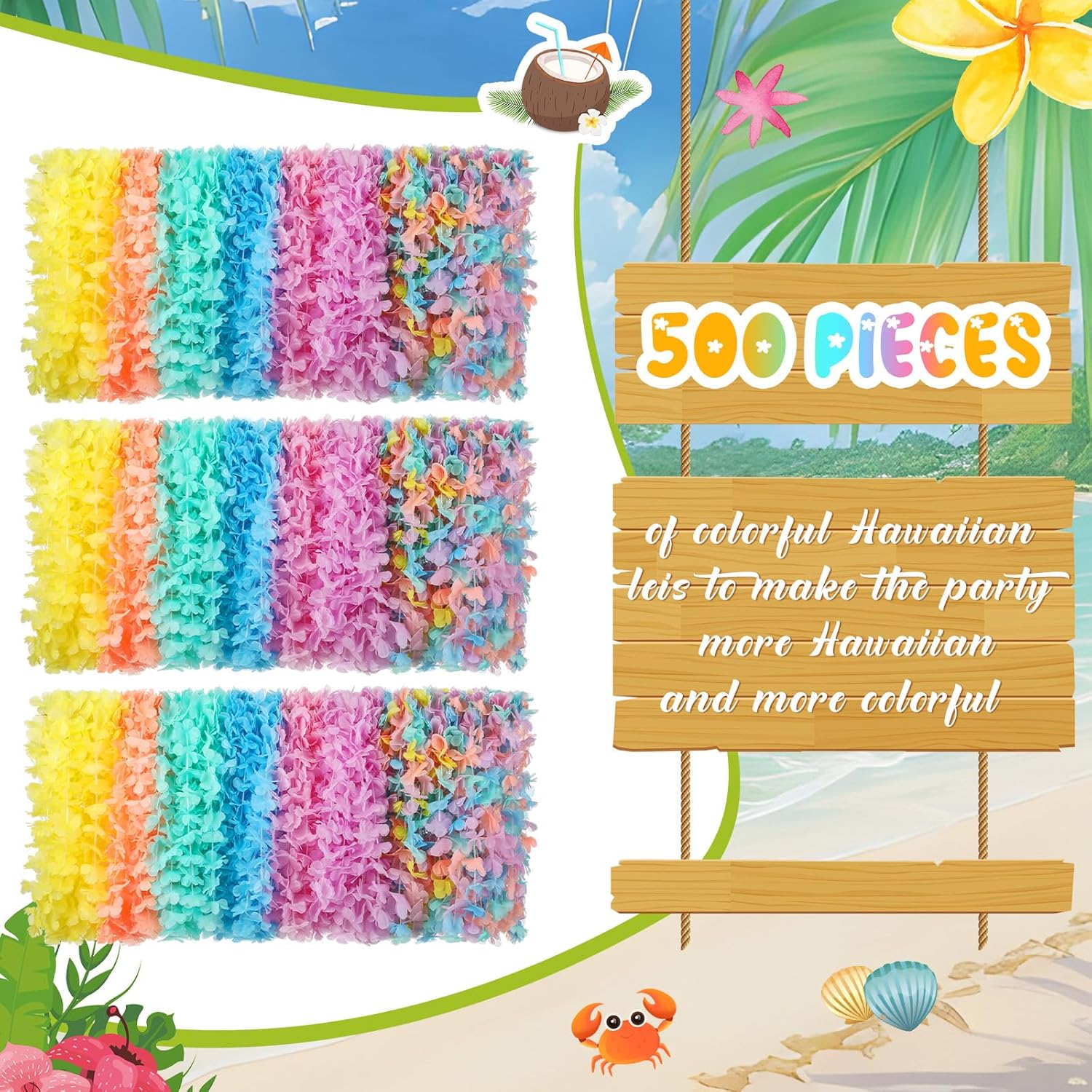 500 Pcs Hawaiian Leis Bulk Luau Leis Necklace Hawaiian Flower Tropical Floral Necklace for Adults Luau Holiday Wedding Beach Birthday Party Supplies Decor Multi Color(Macaron Color)