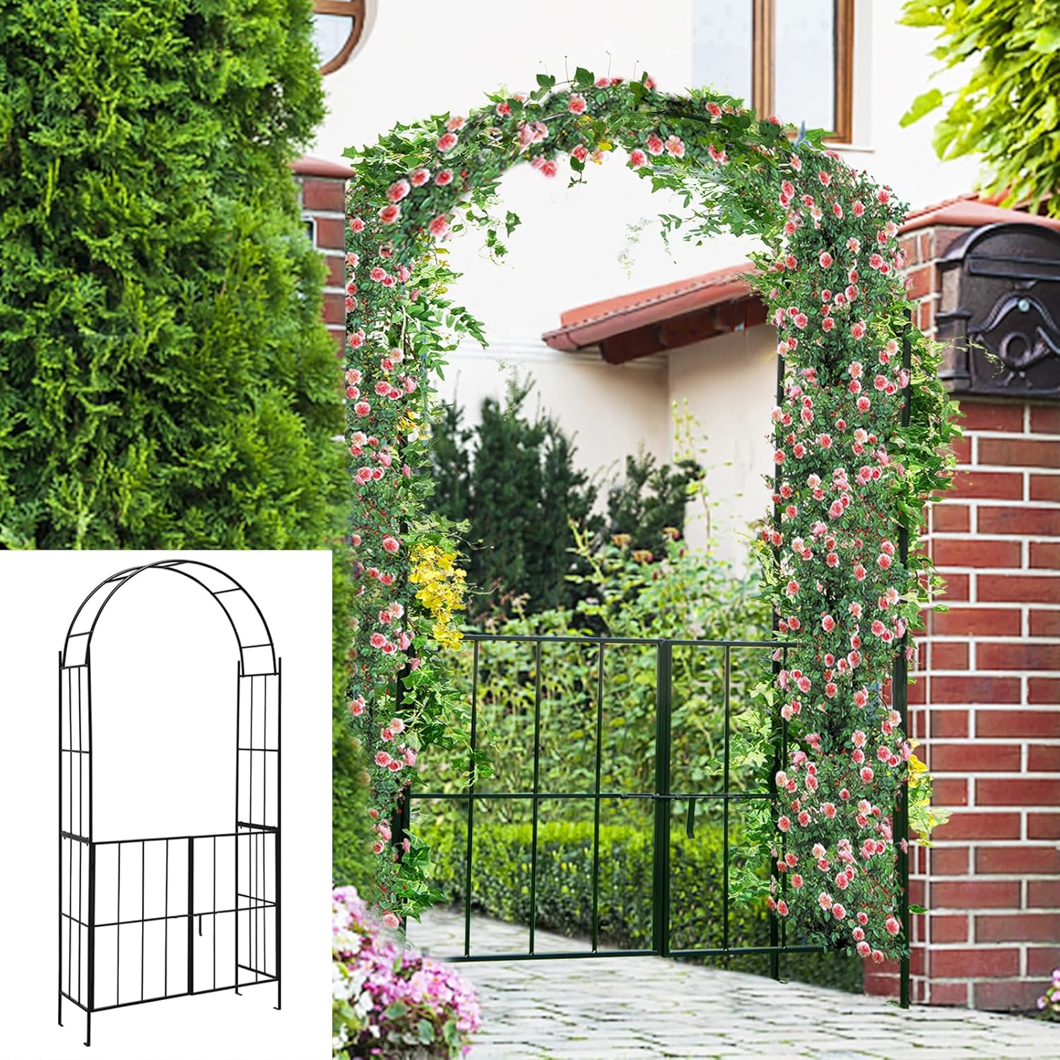 Moccha Garden Arch with Double Gate, 7.5FT Metal Arbor for Climbing Plants Rose Vine, Outdoor Archway with Ground Stakes, Heavy-Duty Arbor Trellis for Wedding Bridal Party Ceremony Decoration