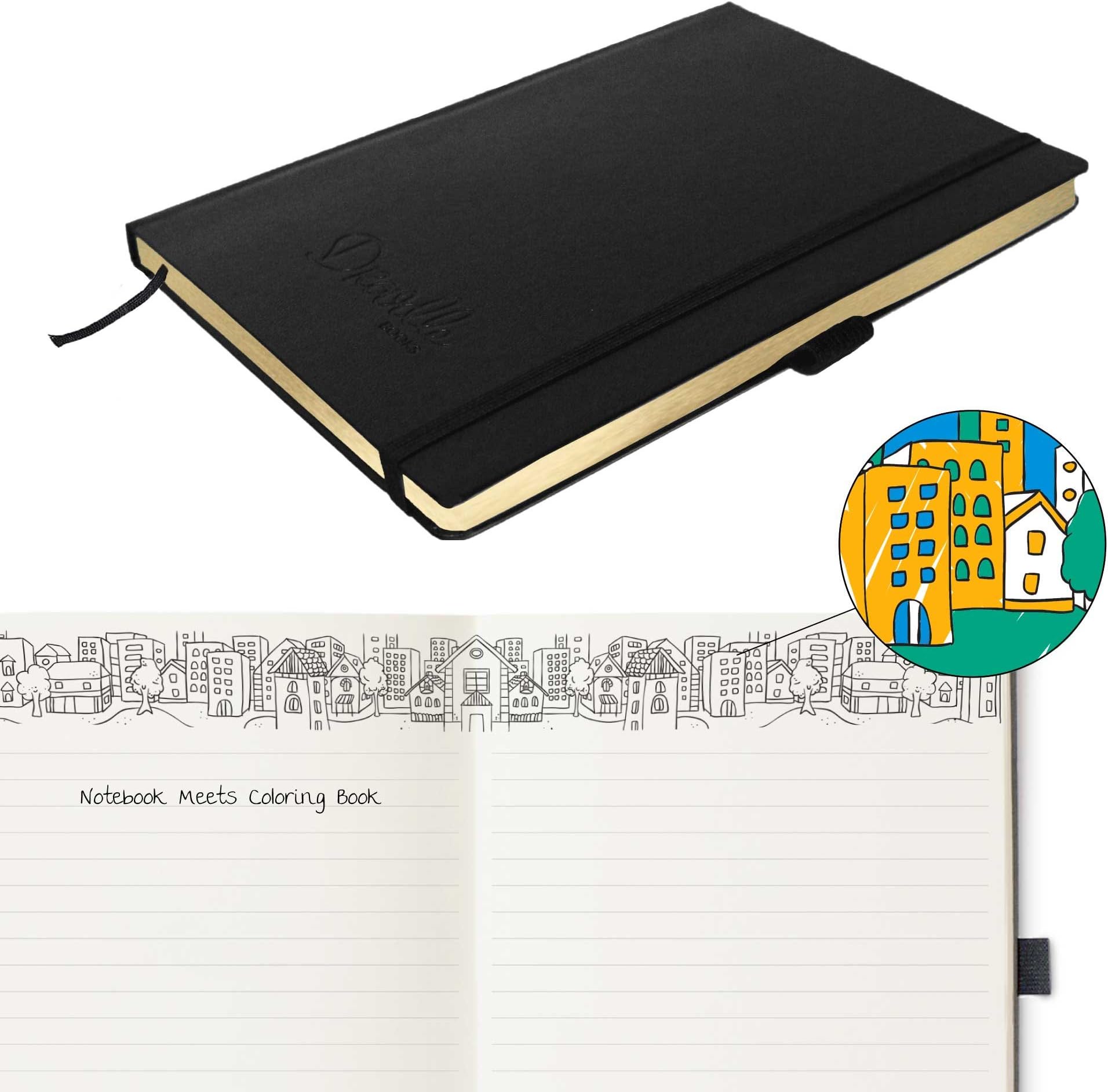 Adult Colouring Book + Notebook - 20 Unique Colouring Designs in the Top Margin - DroodleBooks A5 Journals - Gold