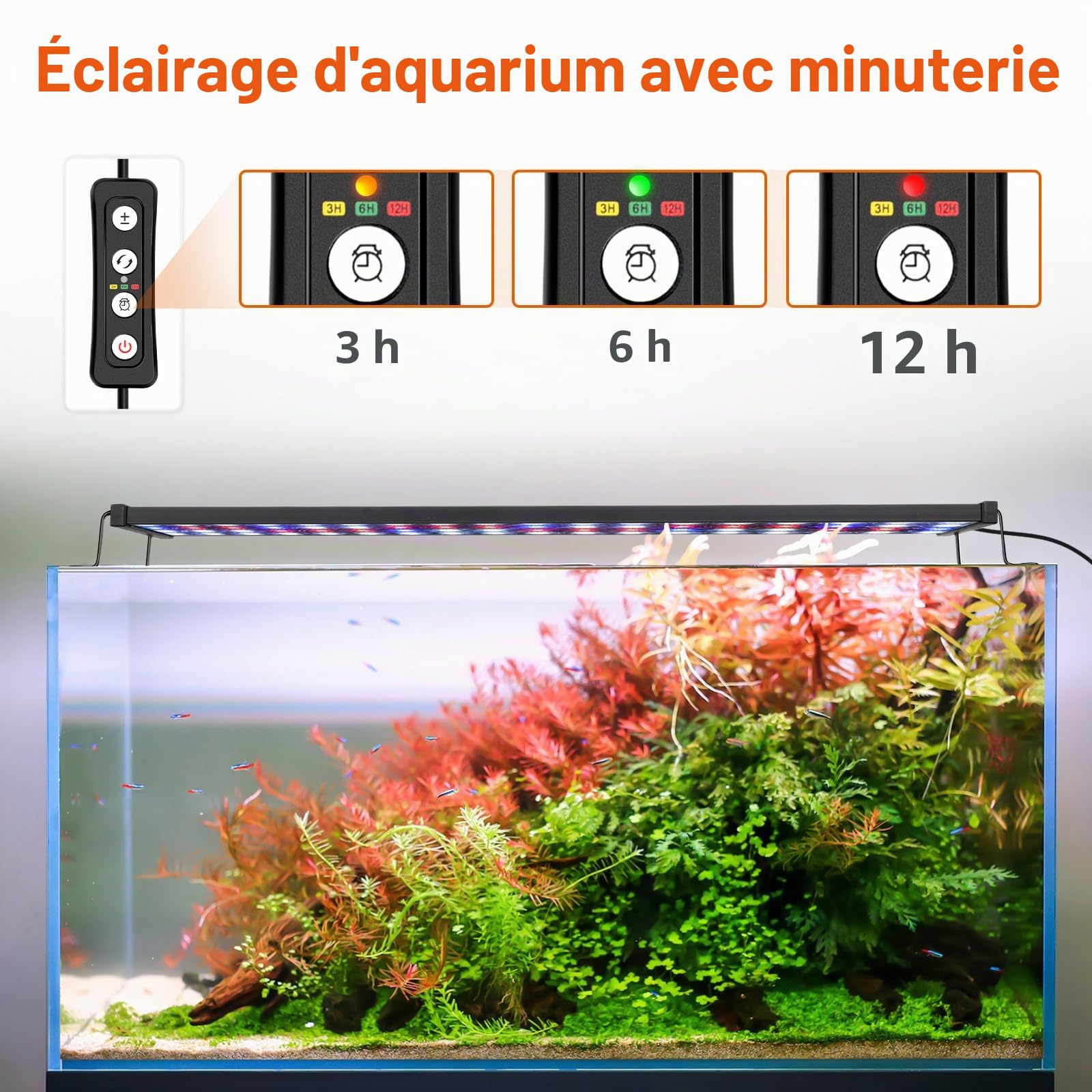 AQQA Éclairage Aquarium, Rampe LED d’Aquarium Spectre Complet avec minuterie Marche/arrêt Automatique,Rampe LED Aquarium,5 Niveaux de luminosité Ajustables,14 Couleurs (45W(120-140cm))