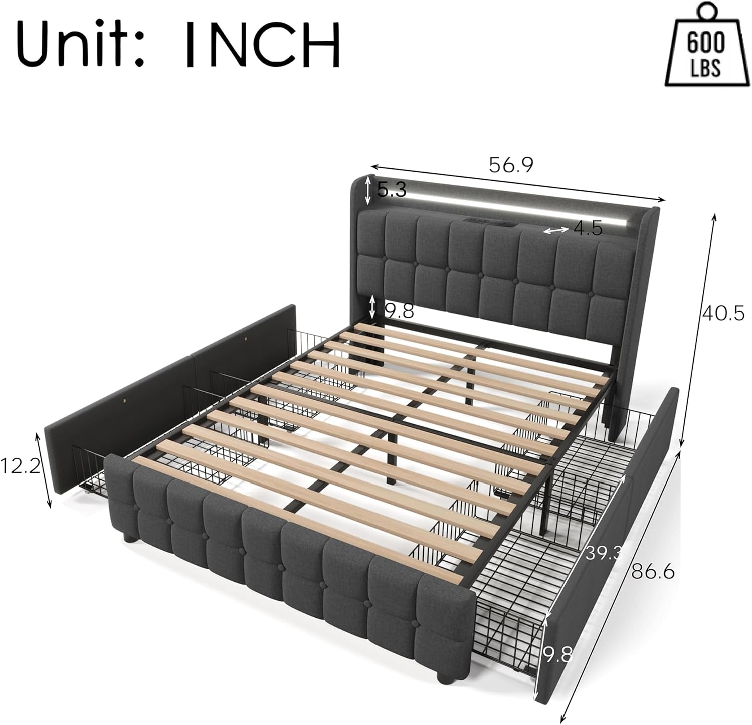 Full Bed Frame with Headboard and LED Lights, 4-Drawer Storage, Slat Support, Charging Station, No Noise, Upholstered Fabric Platform Bed, No Box Spring Needed (Grey, Full)