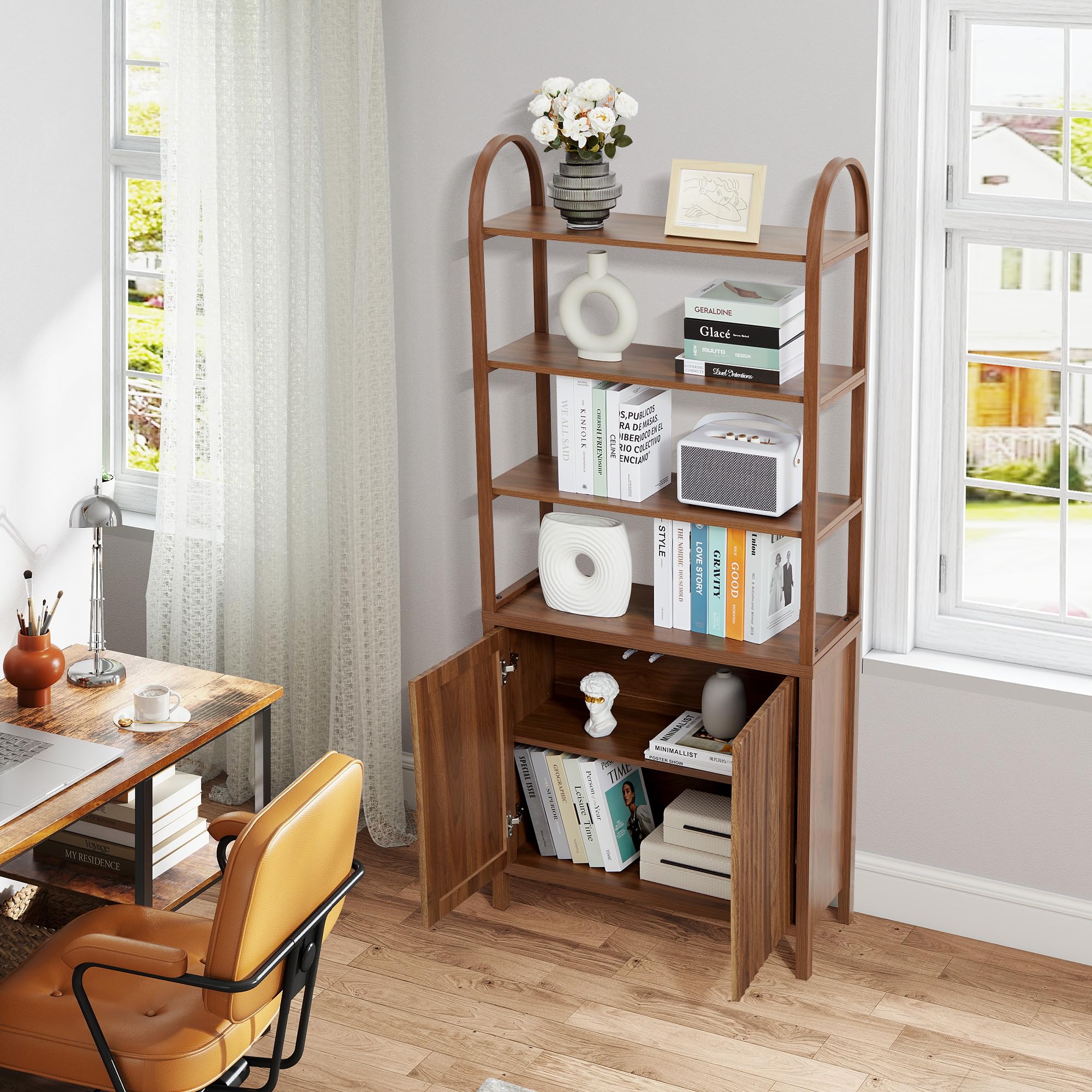 Wavy Front Design 4-stöckiger offener Bücherregal-Aufbewahrungsschrank – MDF-Holz-Regalorganizer für Wohnzimmer, Schlafzimmer, Home Office – Freistehendes modernes Regal mit Türen