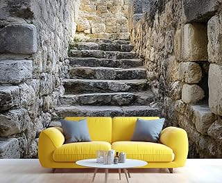 Stone Staircase Wall Mural - 110" x 79" Mural, Rustic Murals for Living Room Bedroom, European Wallpaper, Stone Staircase Wall Decor (Not Peel and Stick)