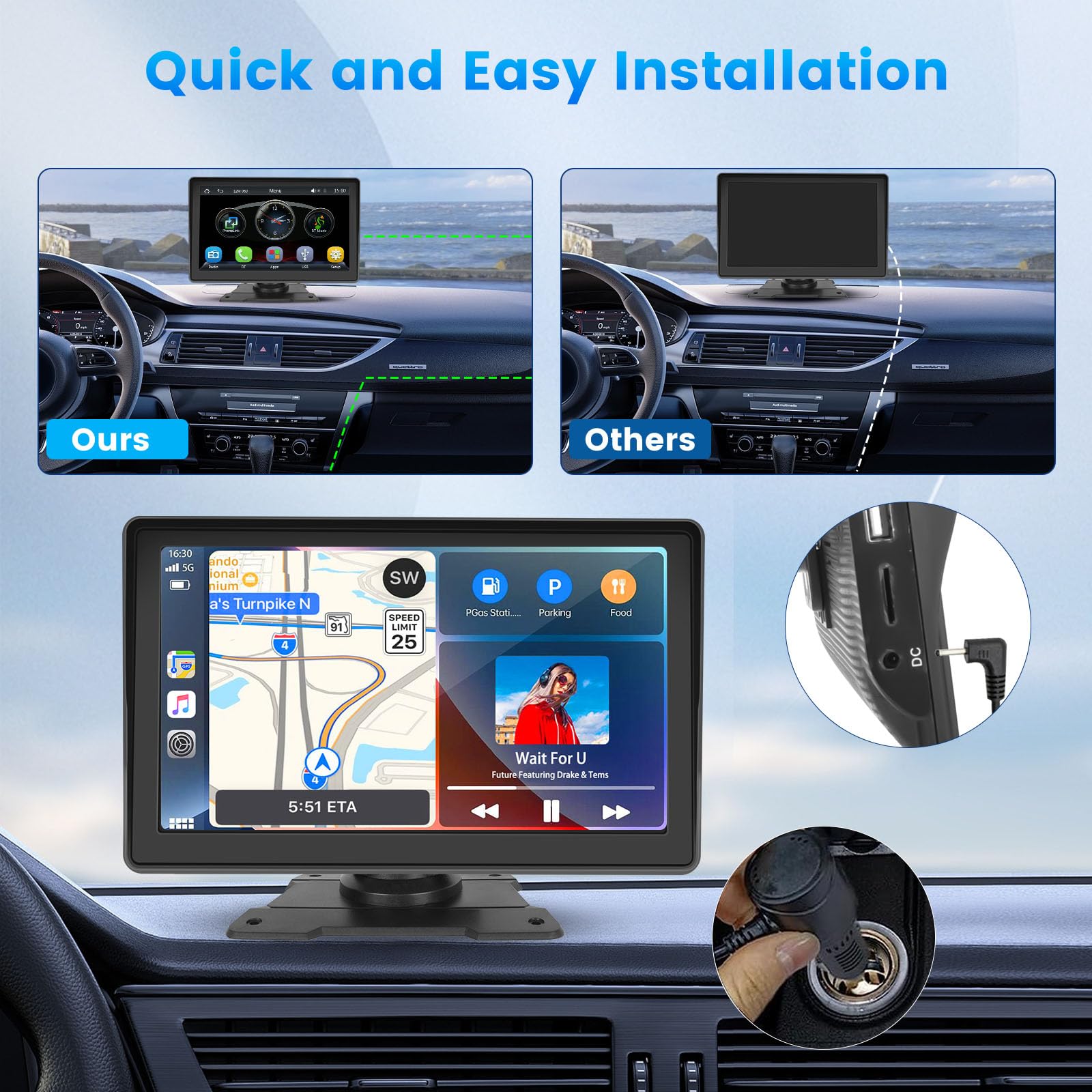 Inefala Przenośne radio samochodowe Android Car 7-calowy ekran Carplay Samochodowe radio stereo Bluetooth 5.1, transmisja FM, Siri, Mirror Link 12V-24V
