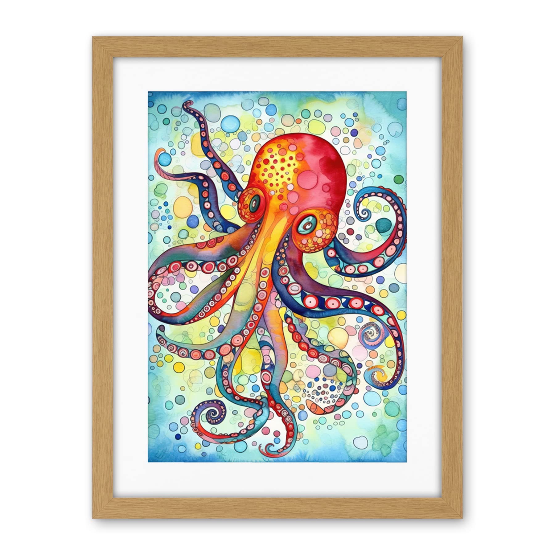 Artery8 Octopus Swimming In Air Bubbles Folk Art Watercolour Painting Artwork Framed Wall Art Print 18X24 Inch