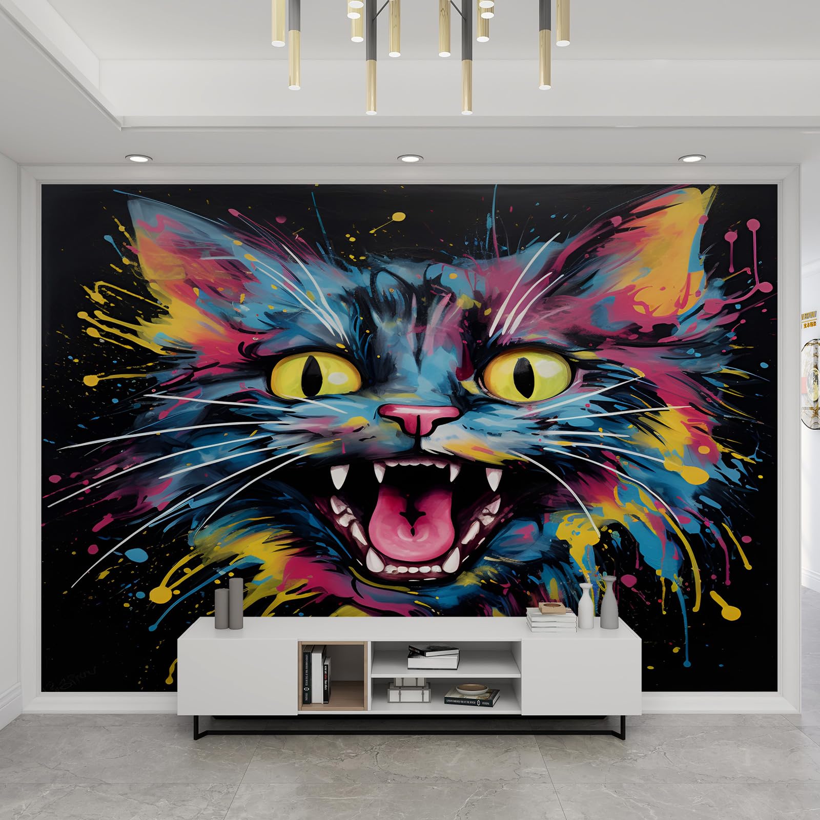 Papier peint chat aquarelle graffiti 3D - Décoration murale salon
