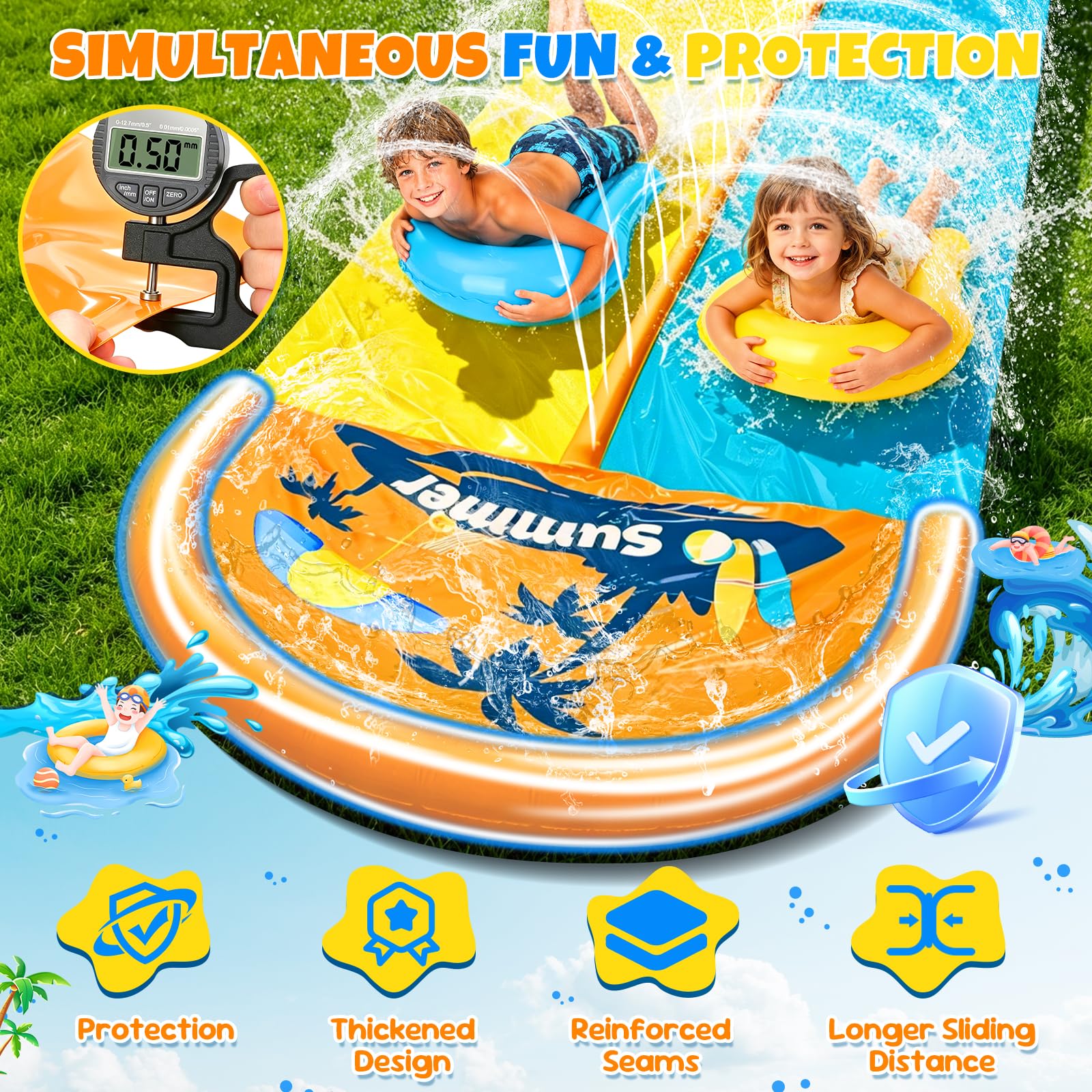 JONRRYIN 950cm Tobogán de Agua, 155cm Tobogán de césped de Doble Tobogán Hinchable con Rociador, 2 Tablas inflables para Fiestas de Verano, Jardín, Acuáticos al Aire Libre