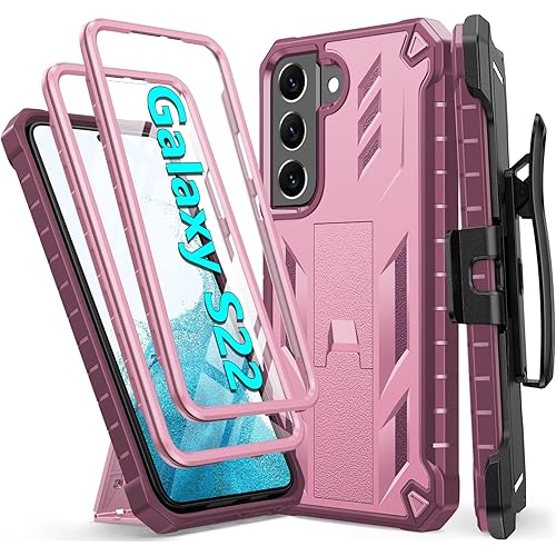 FNTCASE for Samsung Galaxy S22 Case: Military Grade Protection Rugged Anti-Drop Case with Belt-Clip Holster & Kickstand - Full Shockproof Sturdy Durable Bumper Textured Cell Phone Cover (Rose Pink)