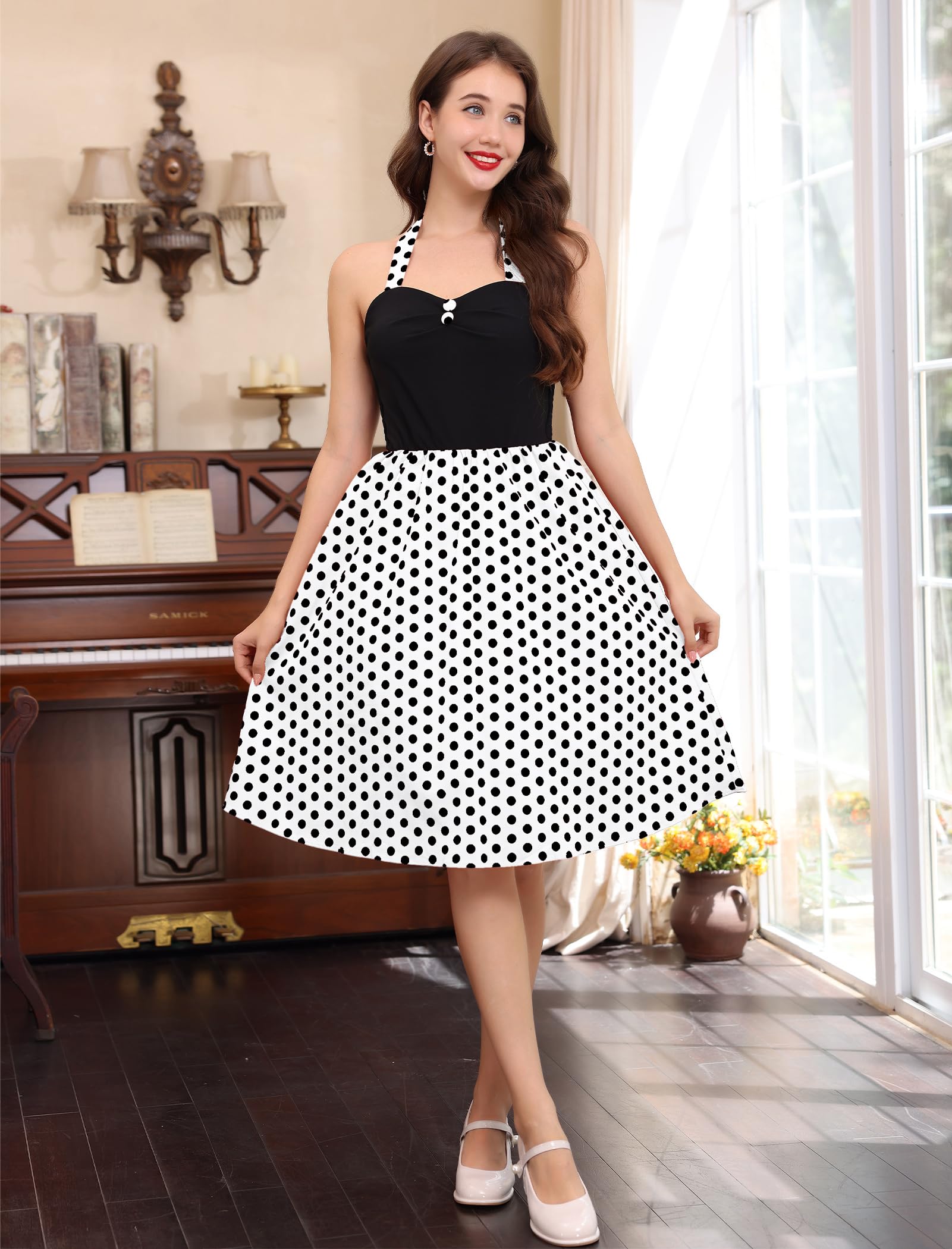 Robe de cocktail rétro pour femme, style années 50, pin-up, dos nu, à pois, blanc, Taille L