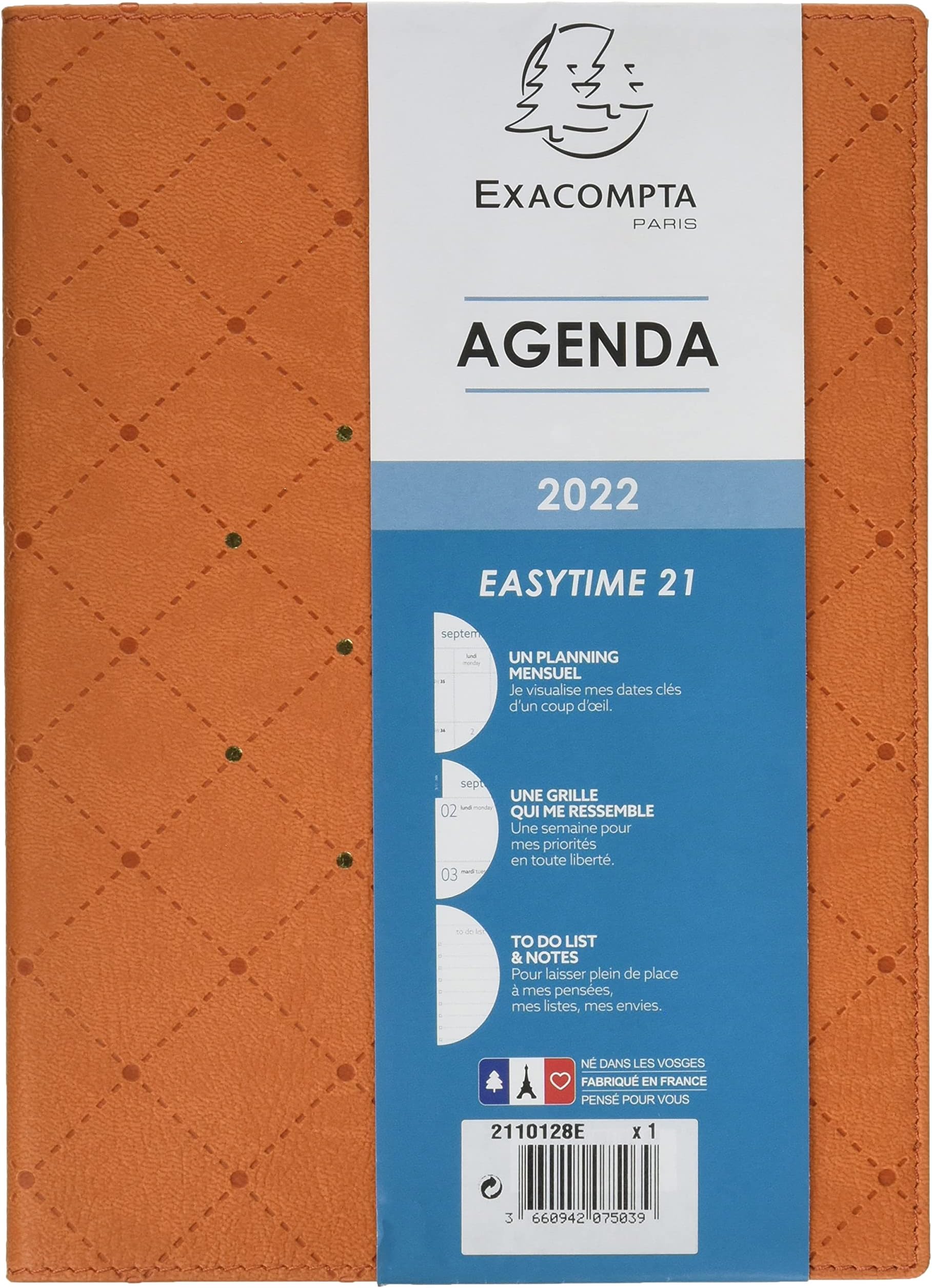 Exacompta - 2110128E - Cassiopée EasyTime 21 Week on 1 Page - Removable Cover with Flaps - January to December 2022 - 15 cm x 21 cm - Orange