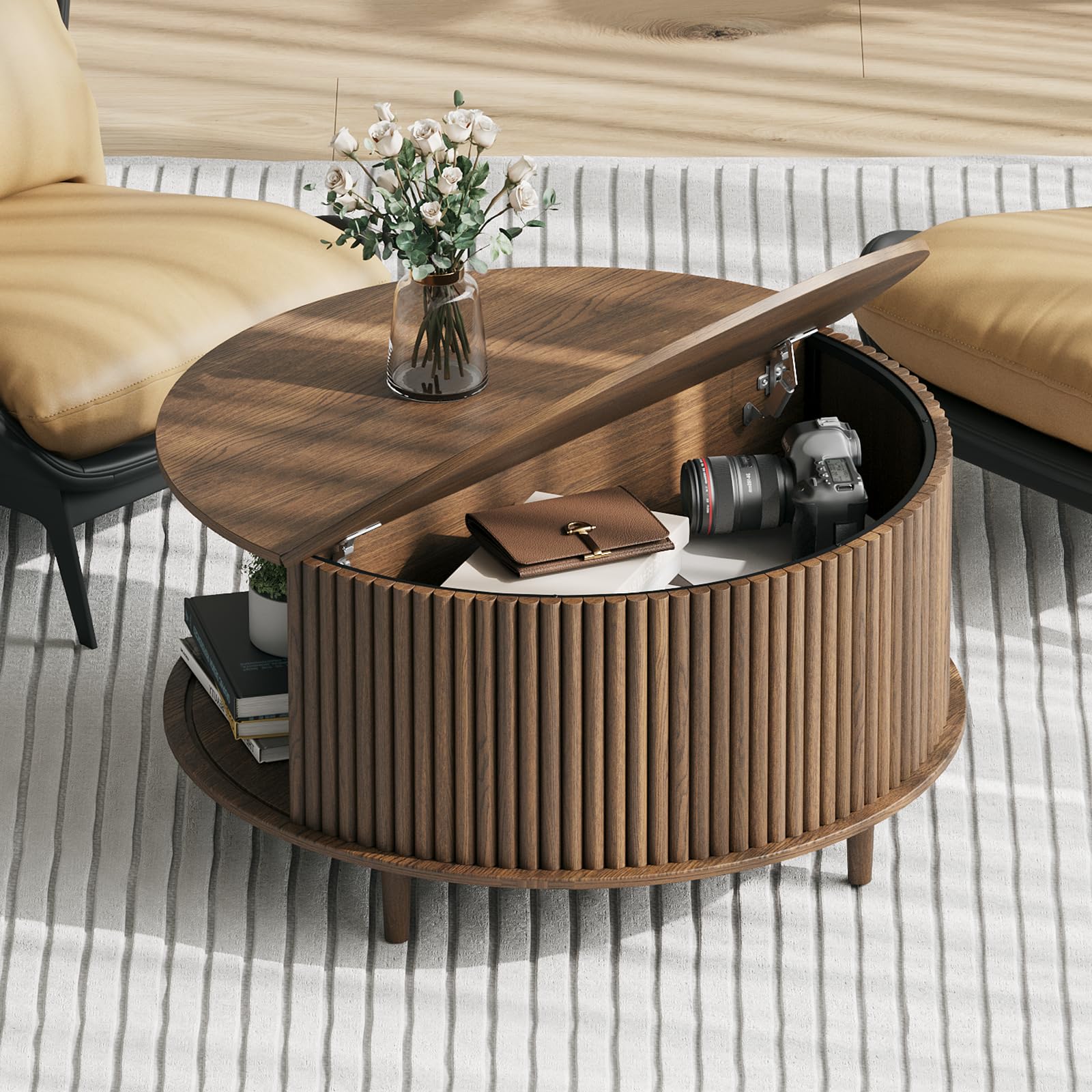Round Coffee Table with Storage,Mid Century Modern Coffee Table with Sliding Cabinet Door,Wood Coffee Table for Living Room,31.5" Small Center Table,Walnut