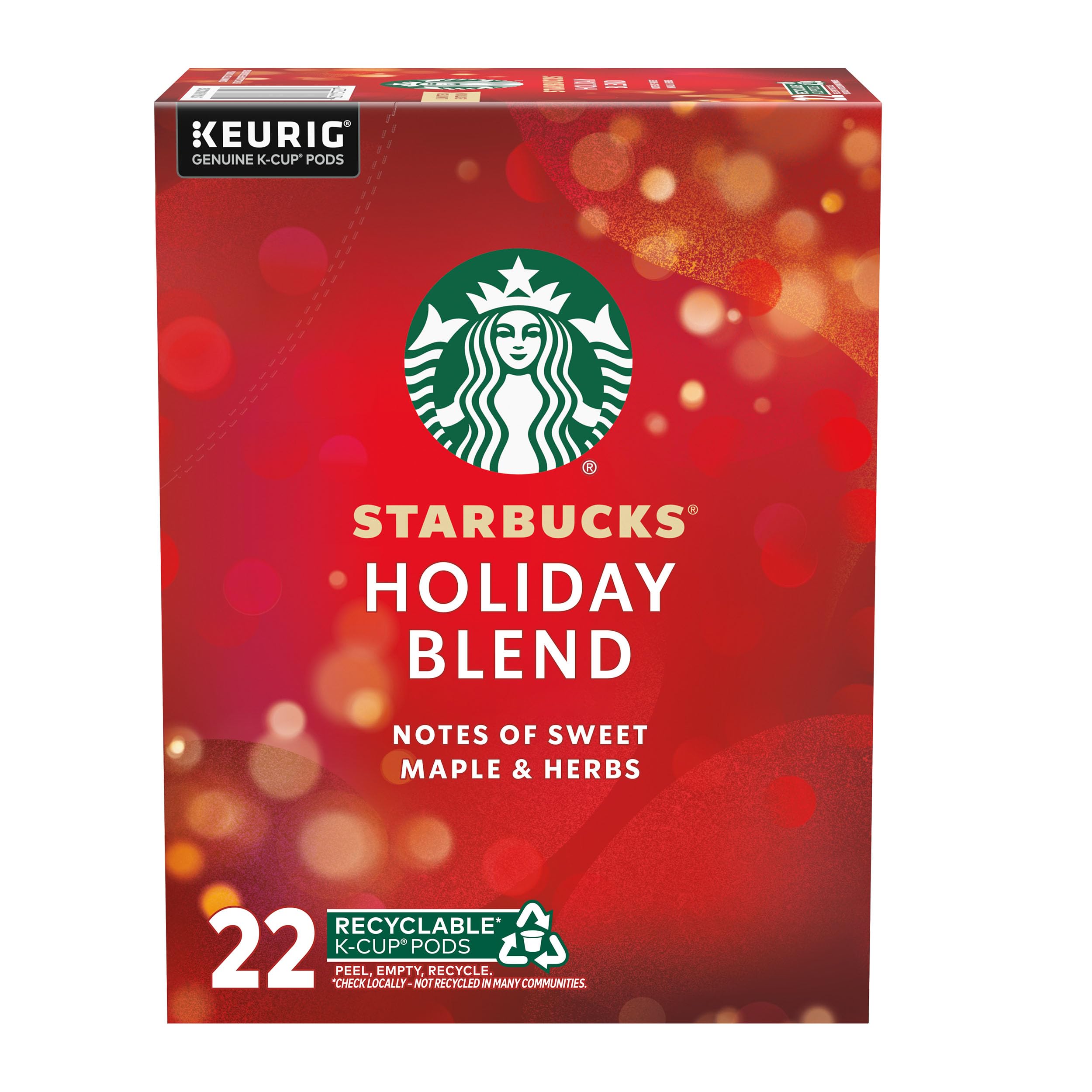 K-Cup Coffee Pods, Medium Roast, Starbucks Holiday Blend, Coffee for Keurig Brewers, 100% Arabica, 1 Box (22 Pods)