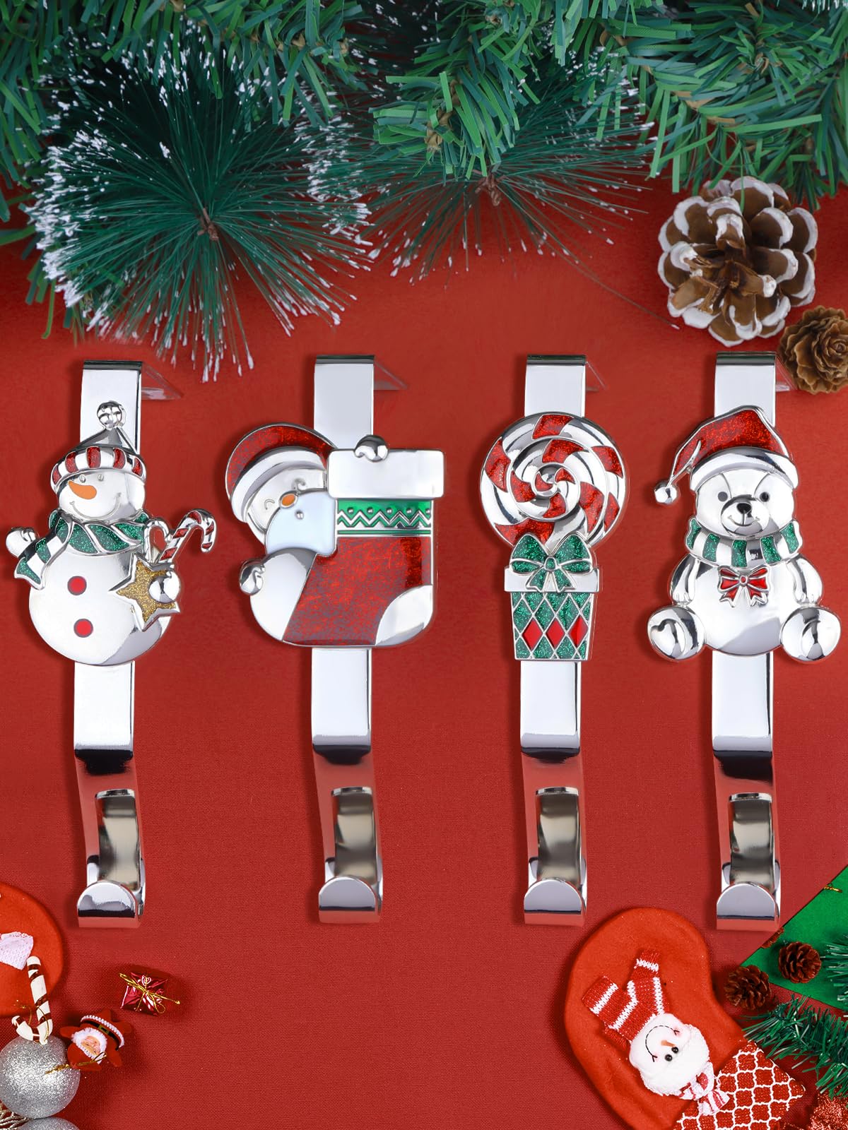 Kalolary Portacalze di Natale per Camino, 4 Pezzi Ganci Antiscivolo per Calze Natalizie, Babbo Natale, Pupazzo di Neve, Orso, Lecca-lecca - Ganci di Metallo per Decorazione