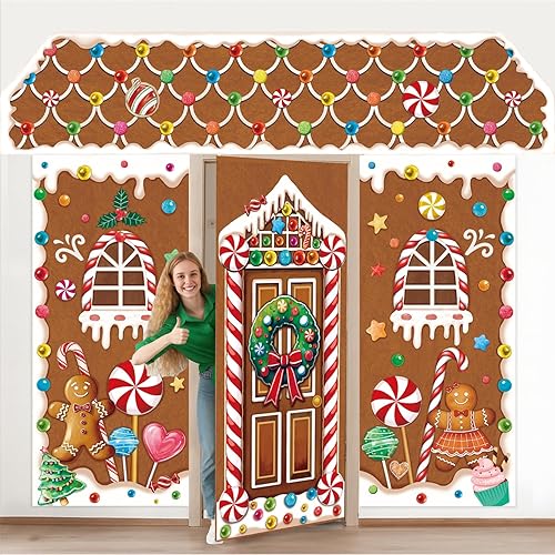 4 Pcs Christmas Gingerbread House Decorations, Gingerbread Door Cover, Backdrop Porch Sign for Holiday Classroom Office Home Photography Party Décor