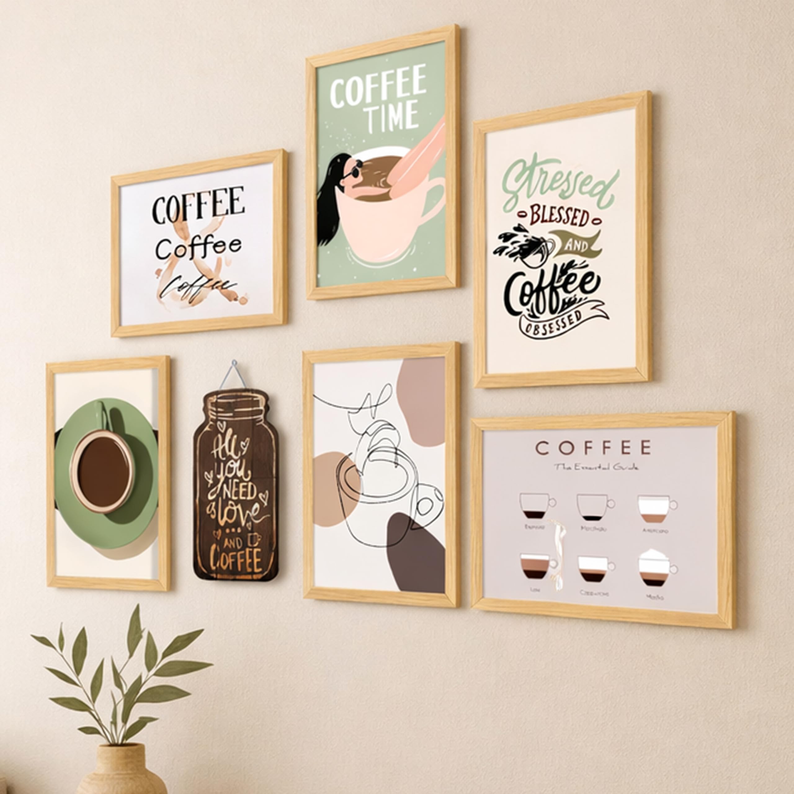 Coffee Retro Theme Kitchen and Cafe Framed Wall Art Painting Food Kitchen Quotes Painting With Frame Wall Decor for Home, Restaurant, Café, Set of 7 (1 MDF wall Hanging) 9x13 Inch-image-17
