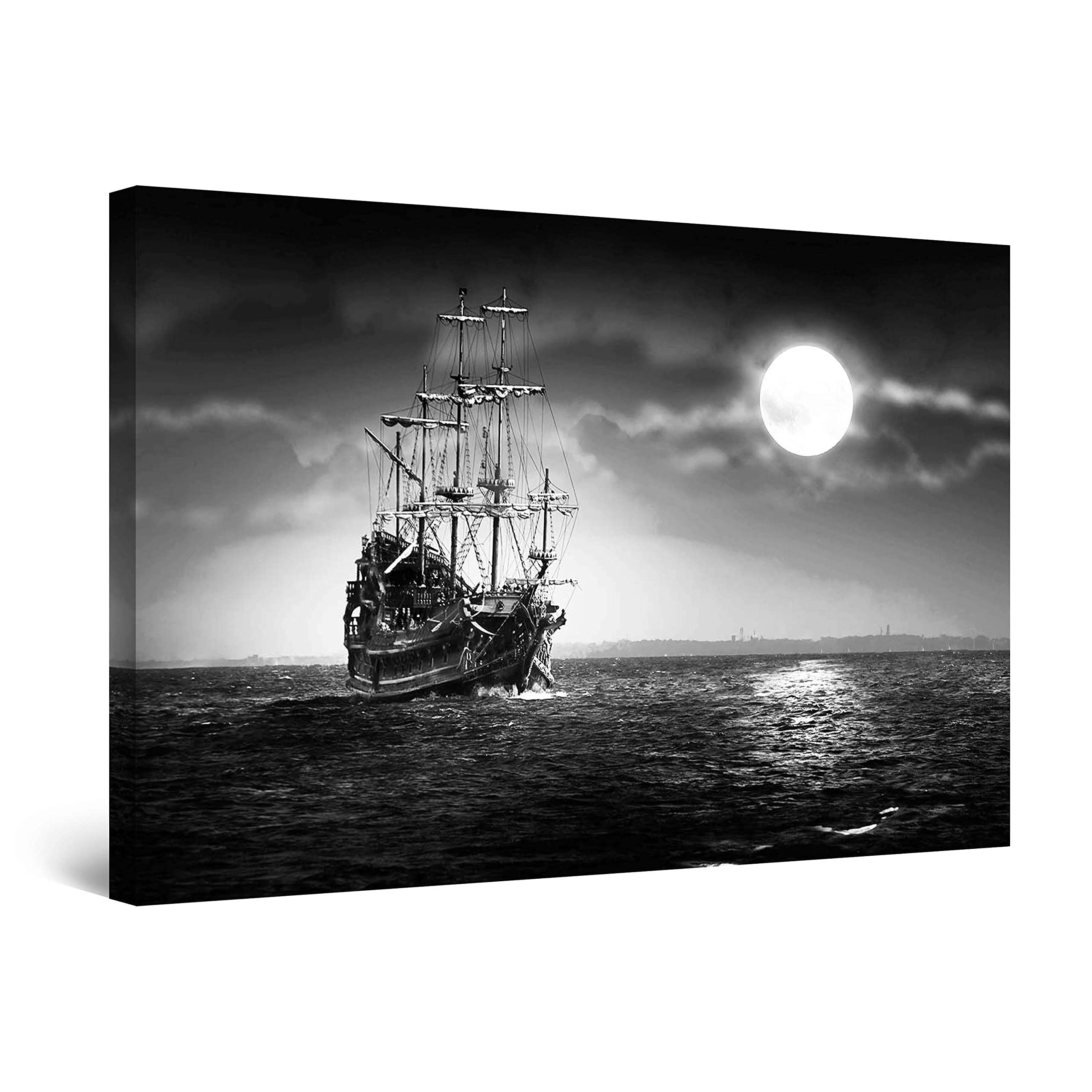 Startonight Canvas Wall Art Decor Black and White Ocean, Ship and The Moon Stretched Print, Modern for Bedroom or Living Room, Office Unique Luminous Artwork 60 cm x 90 cm
