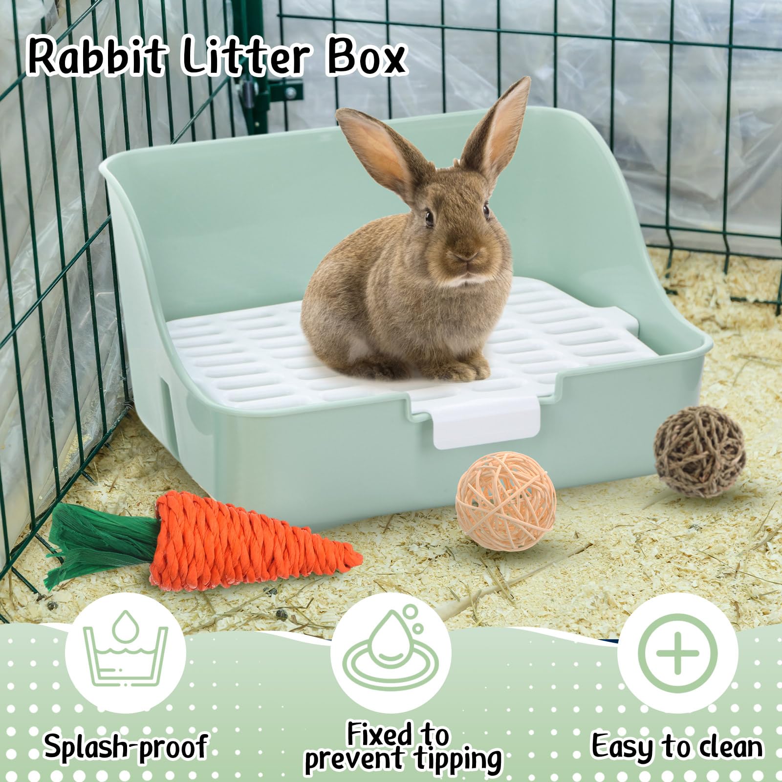 Reallnaive Juego de 15 piezas de conejo, caja de arena pequeña, kit de aseo de animales, juguetes de conejo, mantas con juego de limpieza para accesorios de conejillo de indias (verde)
