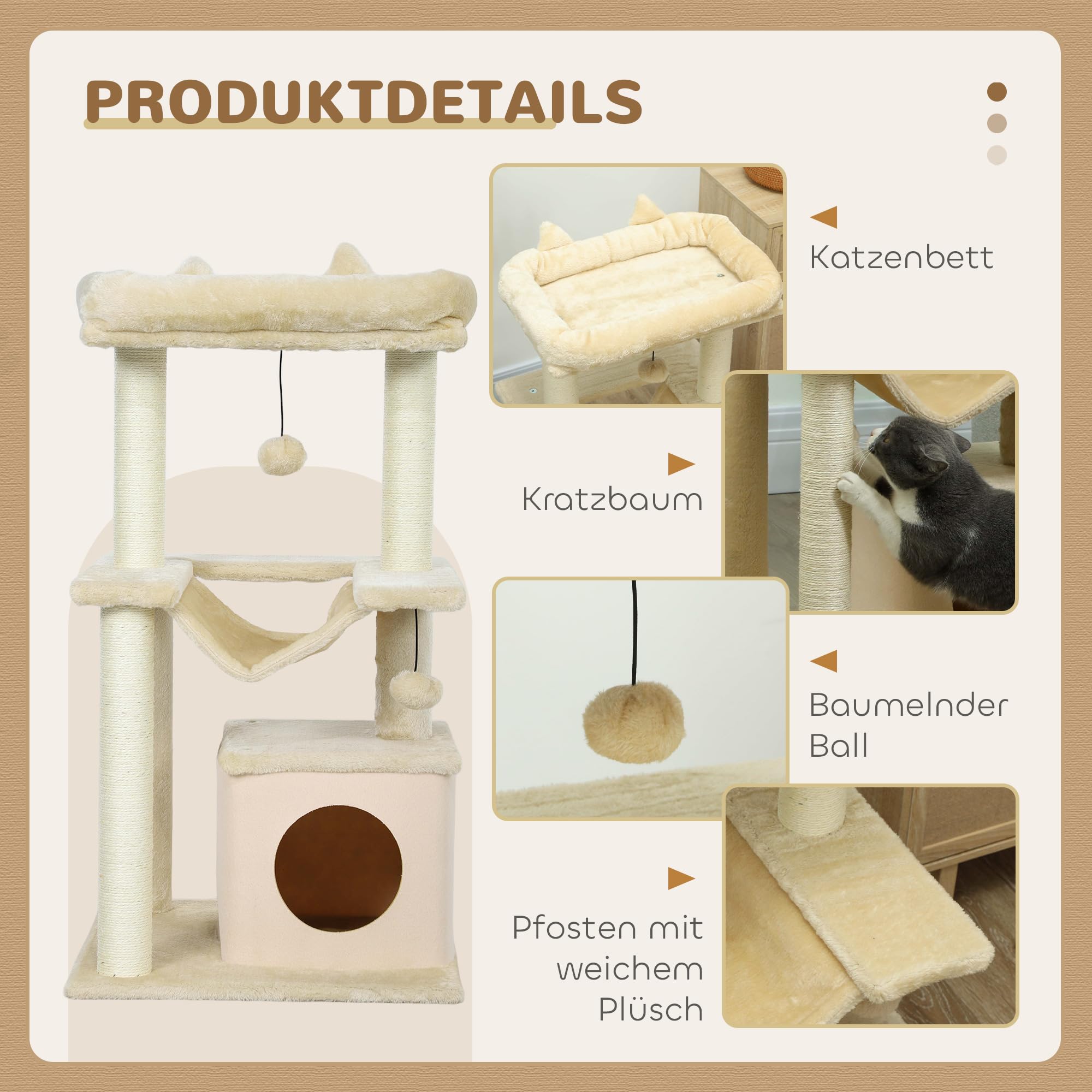 PawHut Drapak 90 cm z hamakiem dla kotów poniżej 4 kg kremowo-biały | Wieża dla kota, jaskinia, 2 pluszowe bale, pnie sizalowe, platformy, wielopoziomowy drapak dla kota, drzewko wspinaczkowe