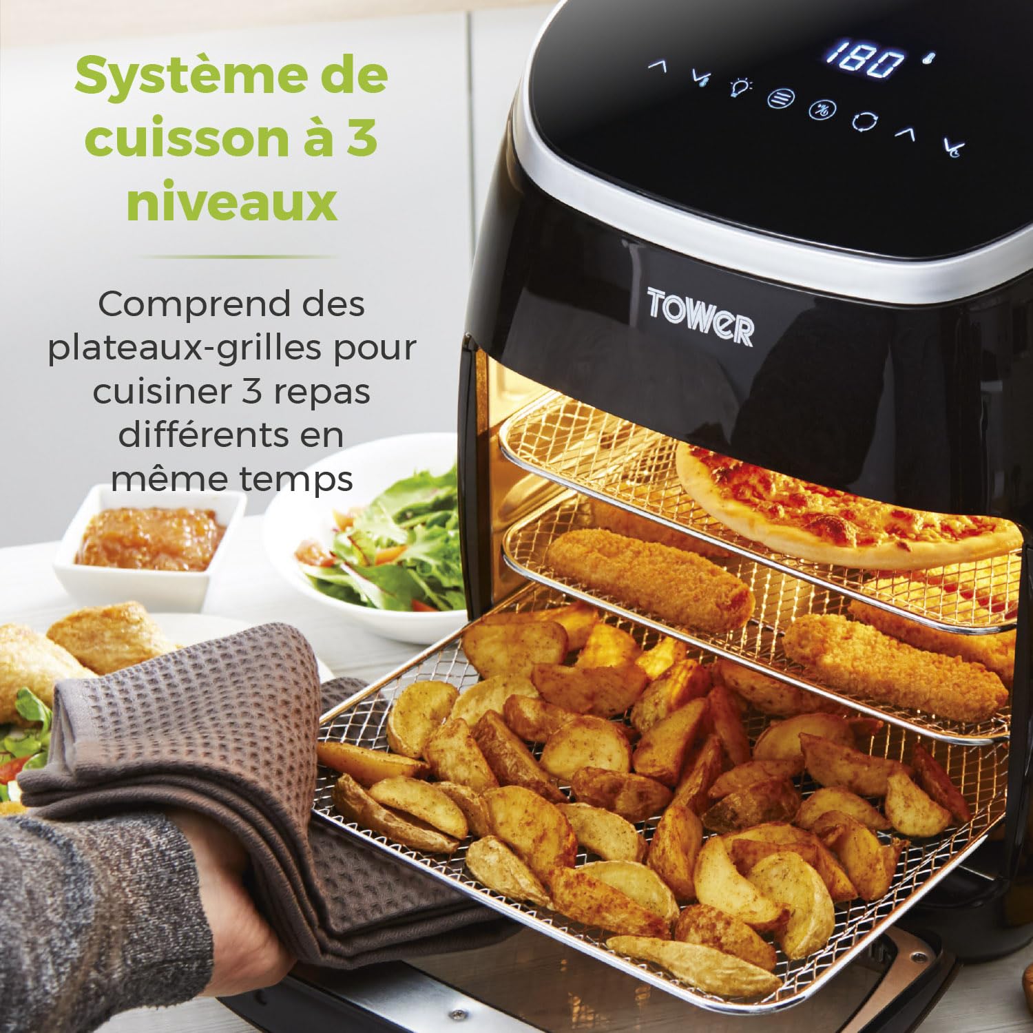 Tower T17076 Xpress Pro Combo Air Fryer - Mini four électrique numérique 10-en-1 - Friteuse sans Huile - Friteuse Électrique avec Circulation d'Air Rapide, Minuterie 60 minutes, 11 L, 2 000 W, Noir