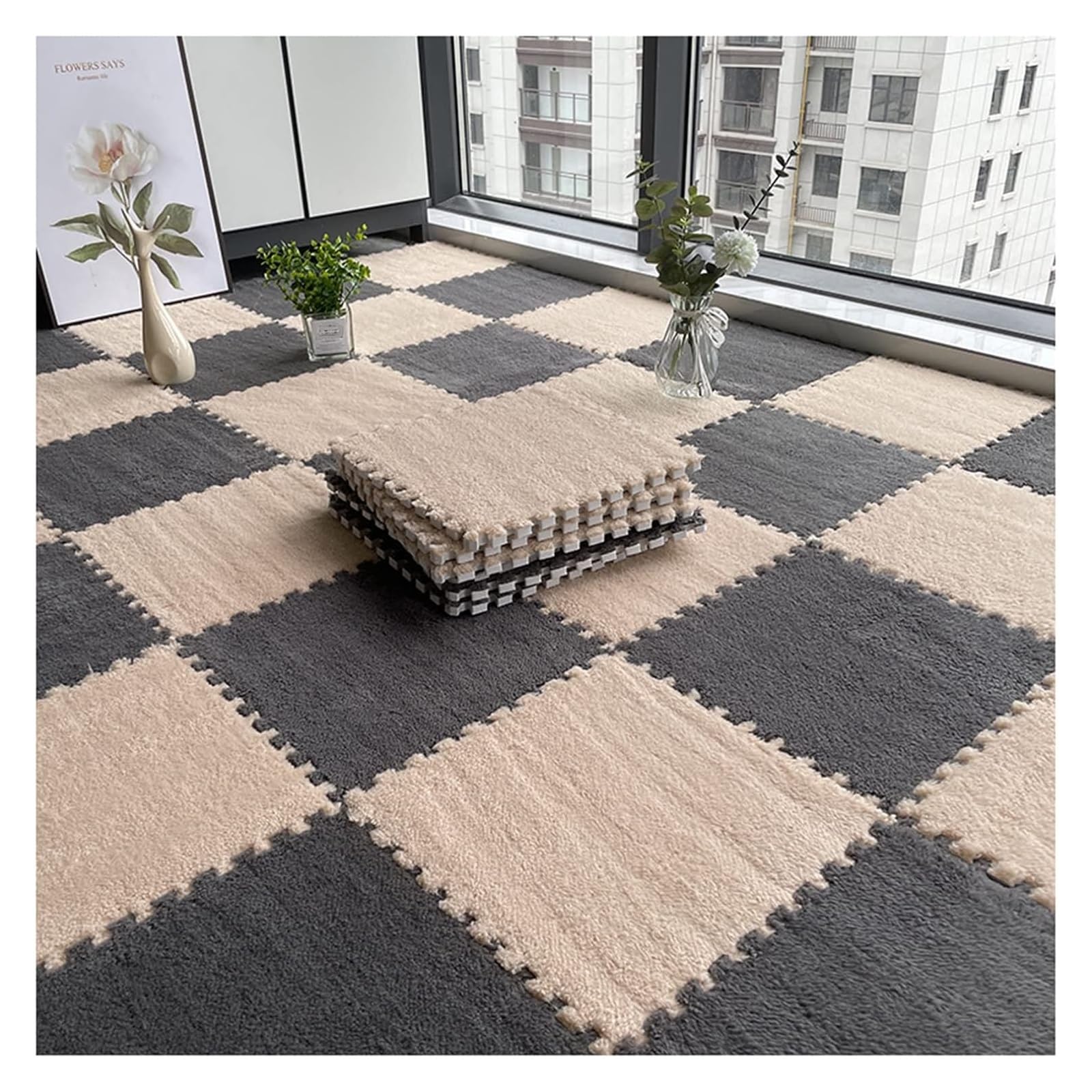 Plüsch-Puzzle-Schaumstoffmatte,Waschbare Puzzle-FL 20 stücke Schaum Boden Matte Teppich Shaggy Weiche Eva Schaum Matten Flauschigen Teppich Plüsch Boden Fliesen 30X30cm(Grau)