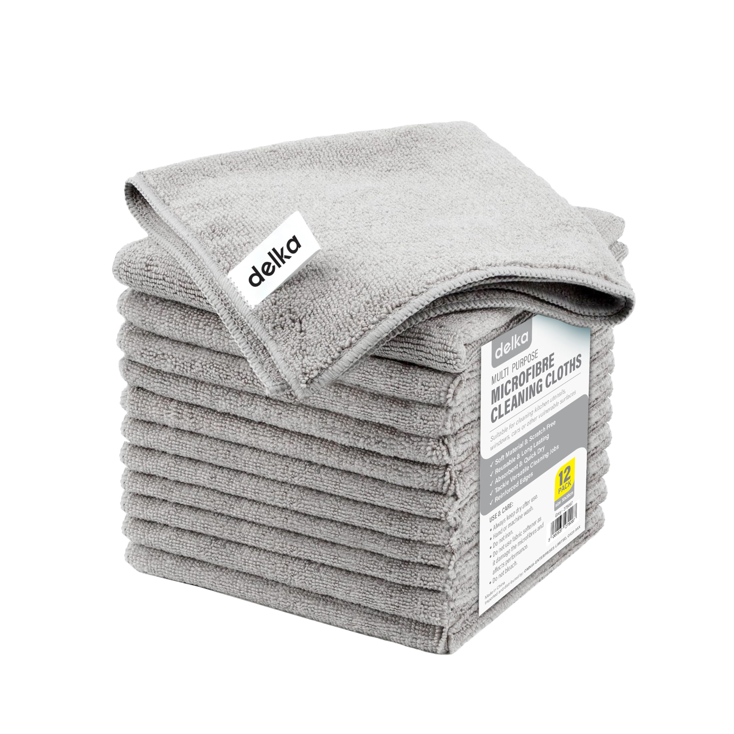 delka Microfibre Cleaning Cloths –Multi-Purpose, Ultra Soft & Lint-Free –Reusable, Streak-Free for Kitchen, Car, Glass, Windows & Electronics (Grey,12 Pack)